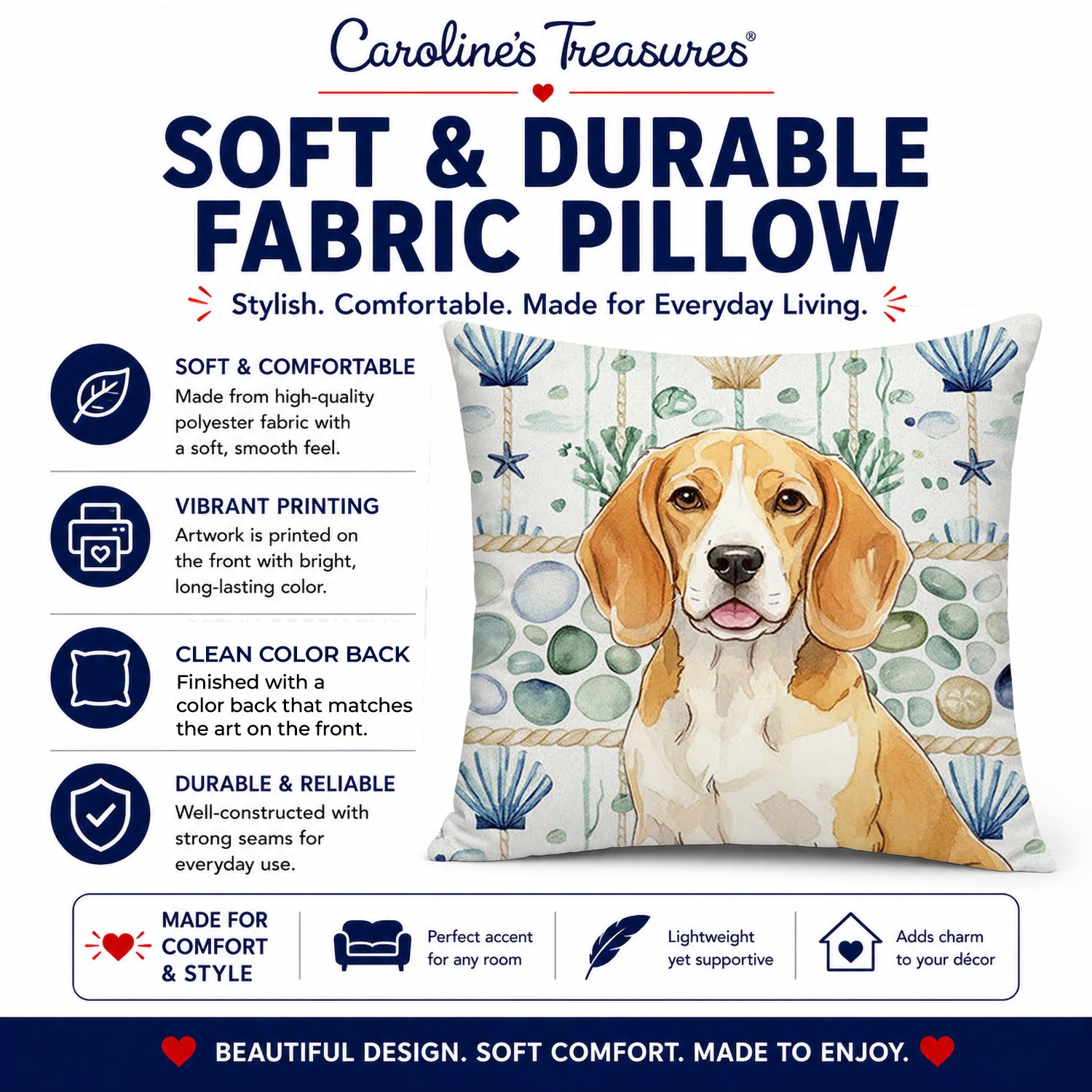 Lemon and White Beagle Coastal Sea Glass Decorative Throw Pillow 18x18 Indoor Outdoor Accent Cushion, Fabric Cover with Insert for Sofa, Bed, Porch & Living Room
