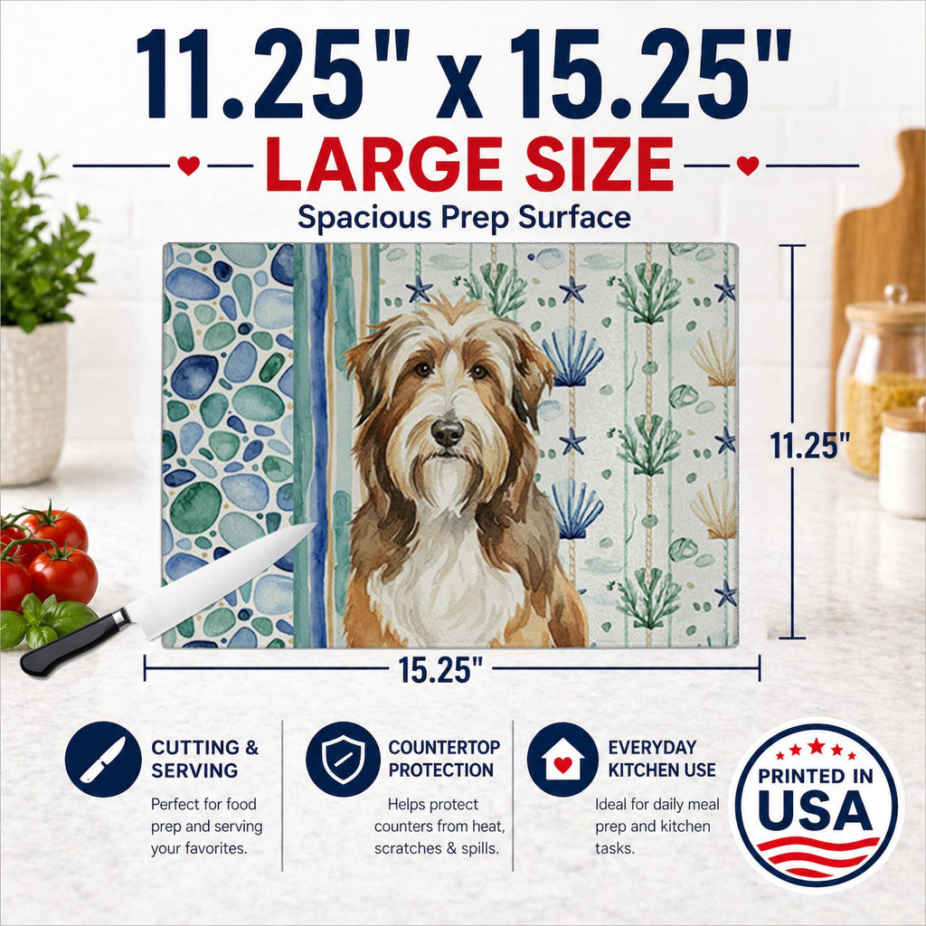 Brown Bearded Collie Coastal Sea Glass Cutting Board Tempered Glass Kitchen Cutting Surface, Heat Resistant Chopping, Non-Slip Feet, Food Prep & Serving