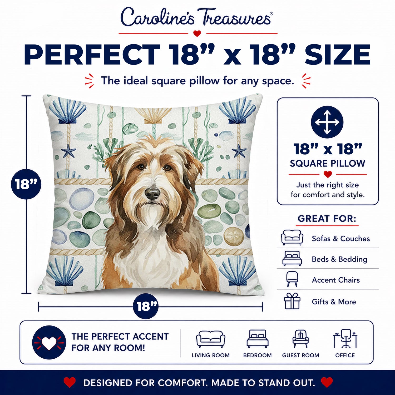 Brown Bearded Collie Coastal Sea Glass Decorative Throw Pillow 18x18 Indoor Outdoor Accent Cushion, Fabric Cover with Insert for Sofa, Bed, Porch & Living Room