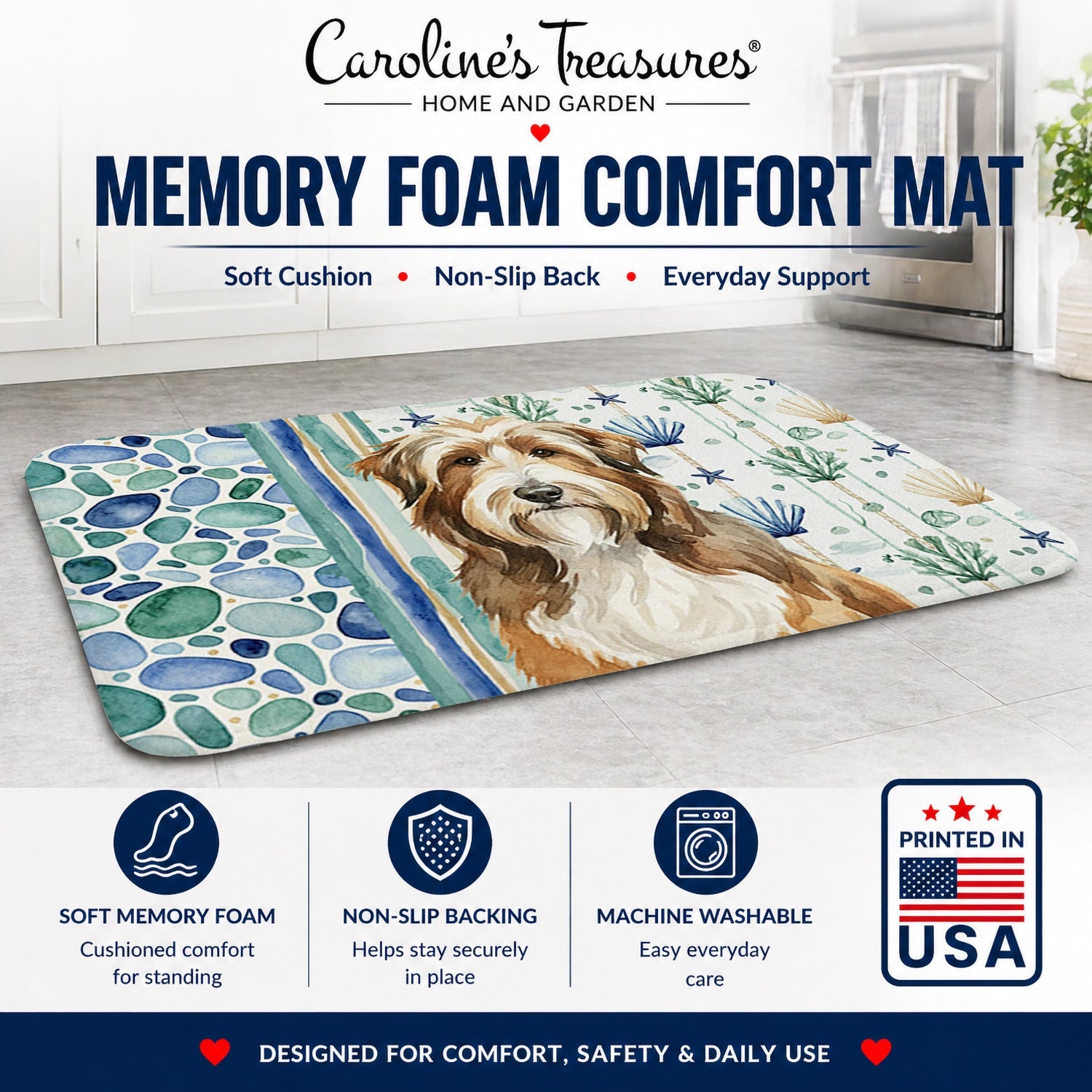 Brown Bearded Collie Coastal Sea Glass Memory Foam Kitchen Mat Machine Washable Anti-Fatigue Cushion Comfort Bath or Kitchen Rug