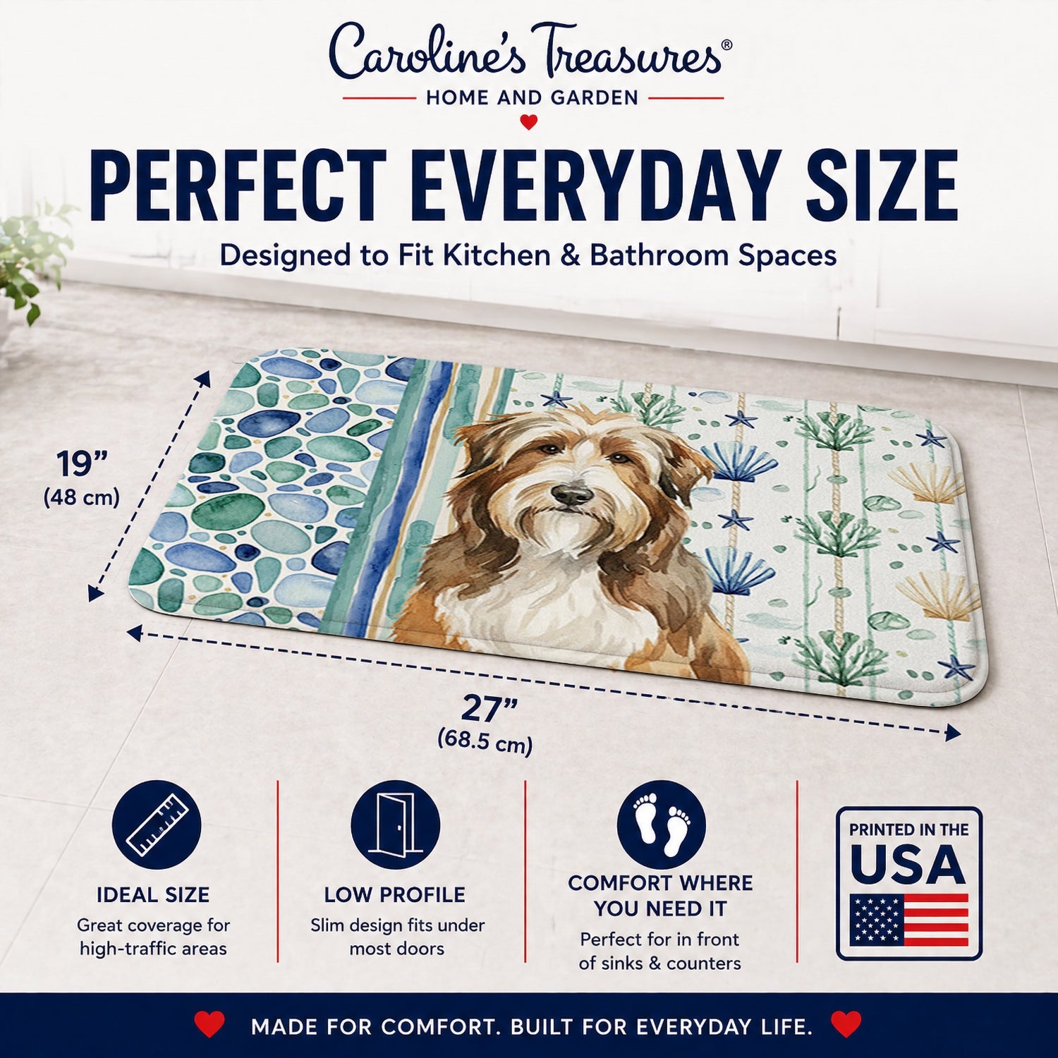 Brown Bearded Collie Coastal Sea Glass Memory Foam Kitchen Mat Machine Washable Anti-Fatigue Cushion Comfort Bath or Kitchen Rug