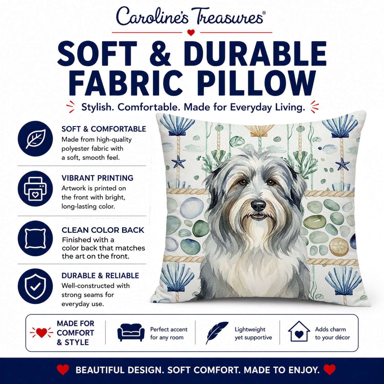 Bearded Collie Coastal Sea Glass Decorative Throw Pillow 14x14 Indoor Outdoor Accent Cushion, Fabric Cover with Insert for Sofa, Bed, Porch & Living Room