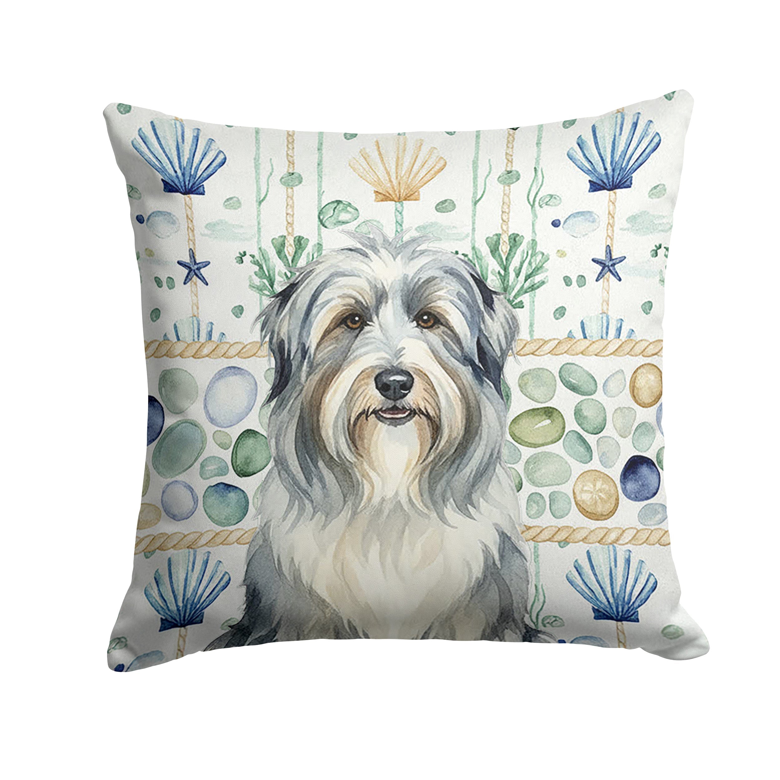 Bearded Collie Coastal Sea Glass Decorative Throw Pillow 14x14 Indoor Outdoor Accent Cushion, Fabric Cover with Insert for Sofa, Bed, Porch & Living Room