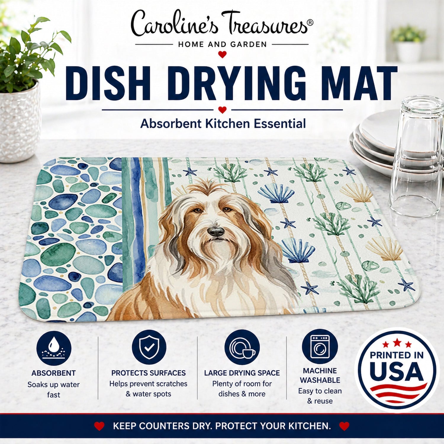 Fawn Bearded Collie Coastal Sea Glass Dish Drying Mat Absorbent Dish Drying Mat Pad for Kitchen Counter Dish Drainer Mat for Countertop, 14 x 21", Multicolor