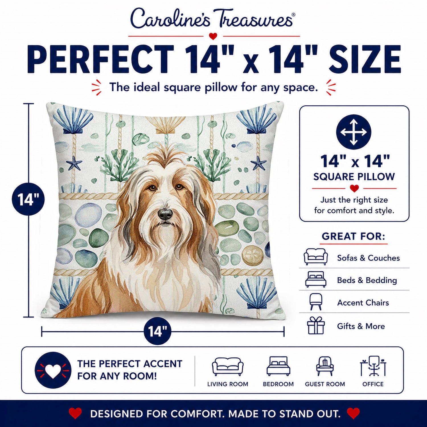 Fawn Bearded Collie Coastal Sea Glass Decorative Throw Pillow 14x14 Indoor Outdoor Accent Cushion, Fabric Cover with Insert for Sofa, Bed, Porch & Living Room