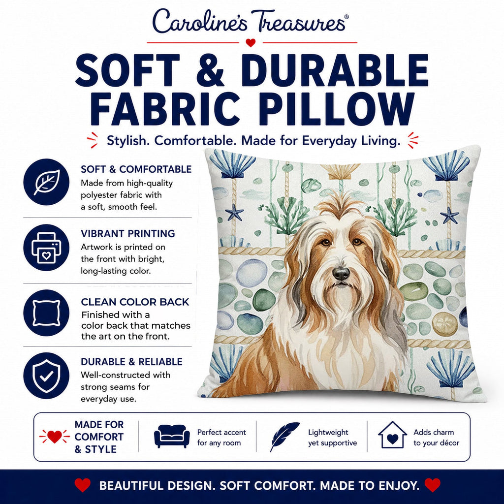 Fawn Bearded Collie Coastal Sea Glass Decorative Throw Pillow 18x18 Indoor Outdoor Accent Cushion, Fabric Cover with Insert for Sofa, Bed, Porch & Living Room