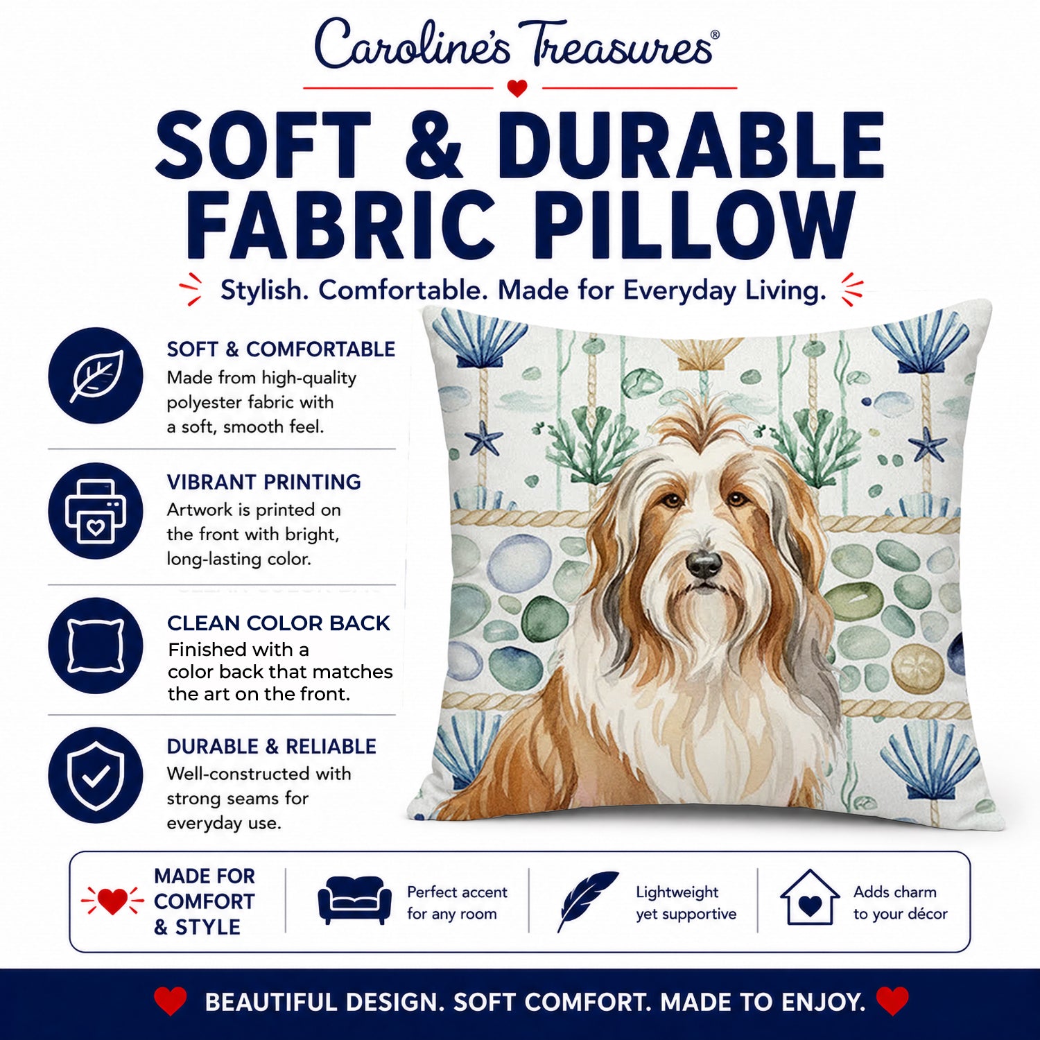 Fawn Bearded Collie Coastal Sea Glass Decorative Throw Pillow 18x18 Indoor Outdoor Accent Cushion, Fabric Cover with Insert for Sofa, Bed, Porch & Living Room