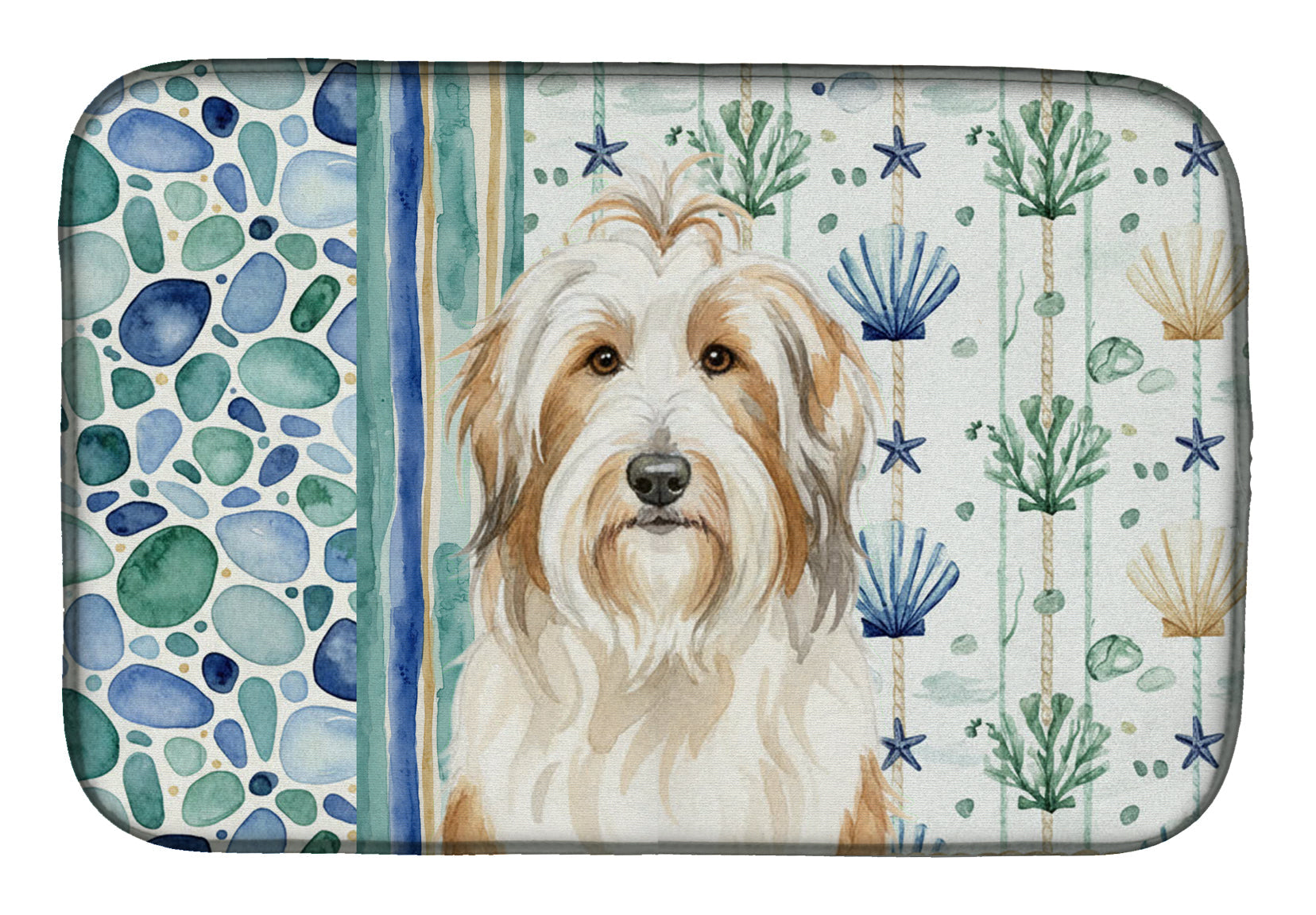 White and Tan Bearded Collie Coastal Sea Glass Dish Drying Mat Absorbent Dish Drying Mat Pad for Kitchen Counter Dish Drainer Mat for Countertop, 14 x 21", Multicolor