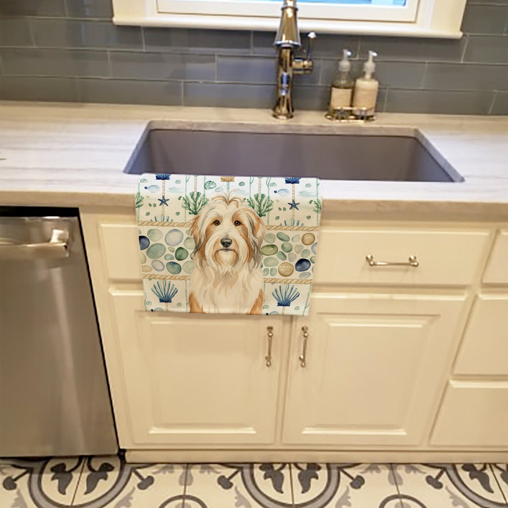 White and Tan Bearded Collie Coastal Sea Glass Kitchen Towel Velour Plush Front and Cotton Loop Back Machine Washable