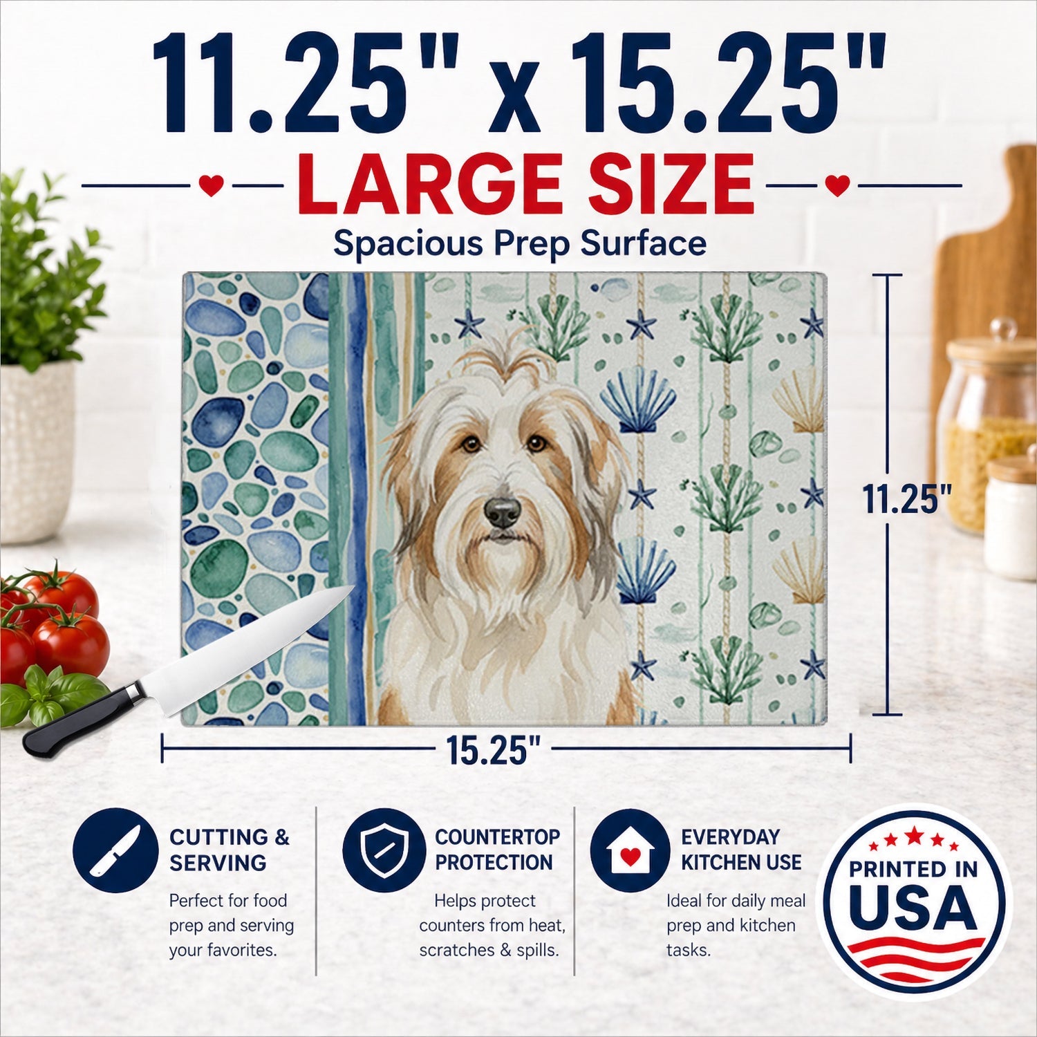 White and Tan Bearded Collie Coastal Sea Glass Cutting Board Tempered Glass Kitchen Cutting Surface, Heat Resistant Chopping, Non-Slip Feet, Food Prep & Serving