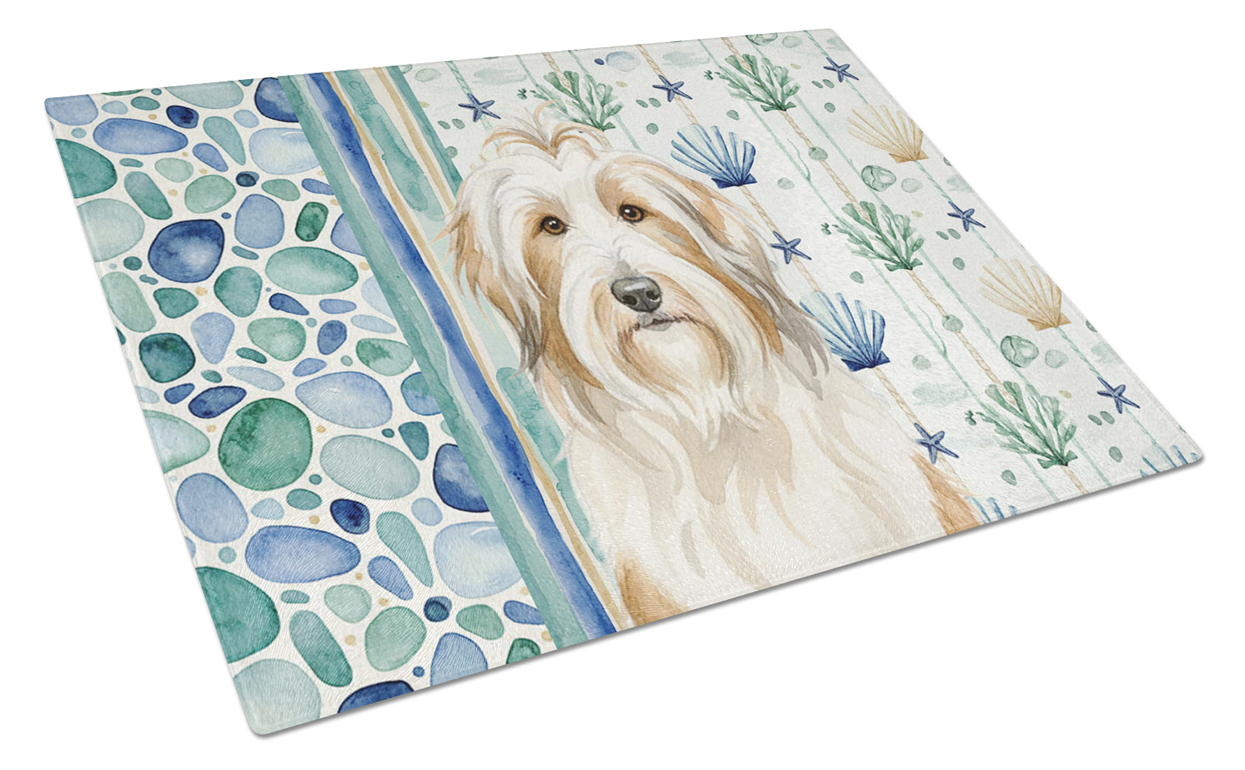 White and Tan Bearded Collie Coastal Sea Glass Cutting Board Tempered Glass Kitchen Cutting Surface, Heat Resistant Chopping, Non-Slip Feet, Food Prep & Serving
