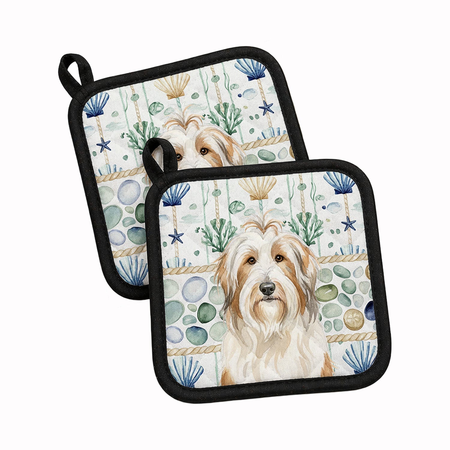 White and Tan Bearded Collie Coastal Sea Glass Pot Holder Set of 2 Heat Resistant Quilted Hot Pads 7.5 x 7.5 Inch, Insulated Kitchen Trivets for Cooking & Baking