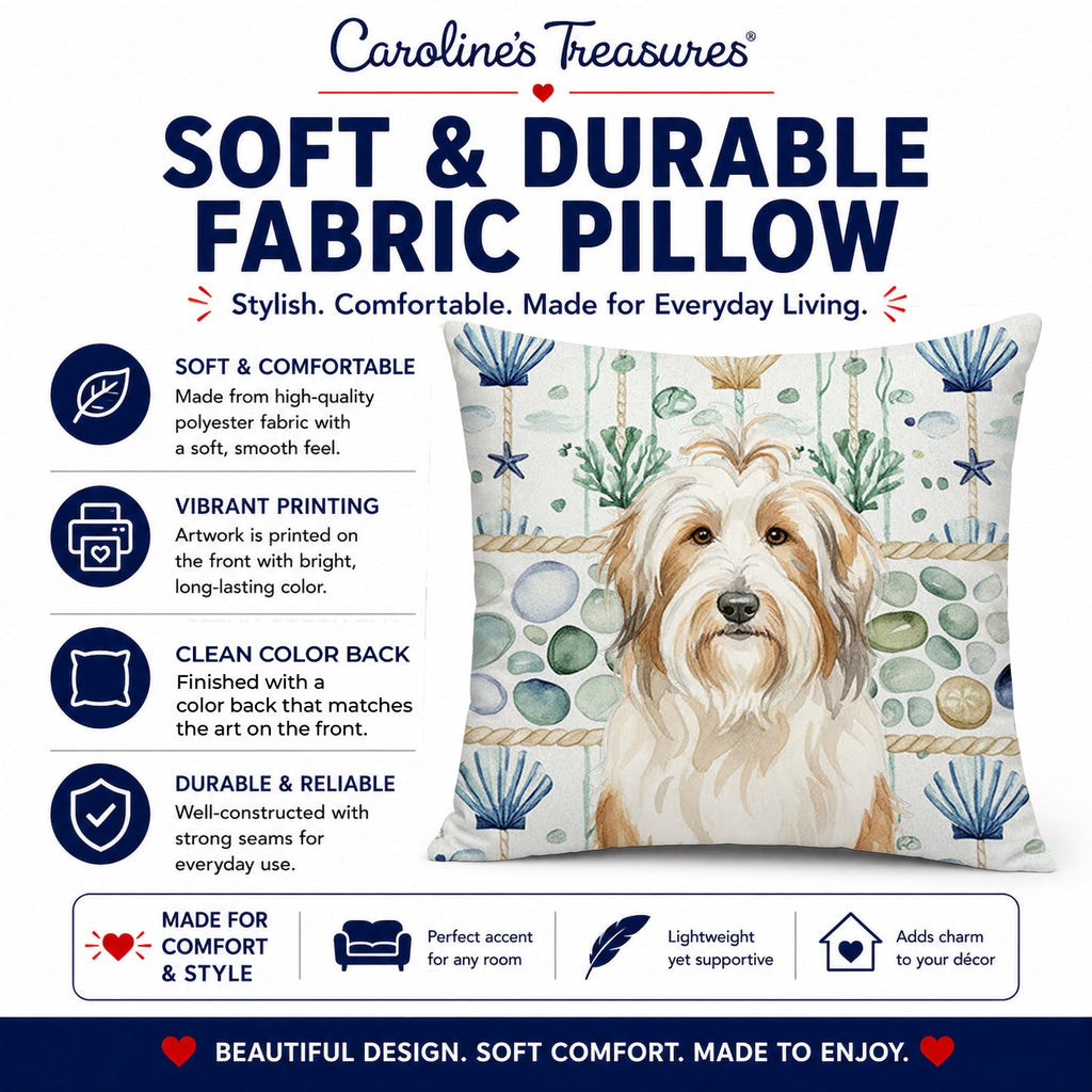 White and Tan Bearded Collie Coastal Sea Glass Decorative Throw Pillow 14x14 Indoor Outdoor Accent Cushion, Fabric Cover with Insert for Sofa, Bed, Porch & Living Room