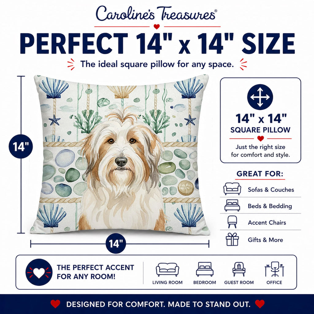 White and Tan Bearded Collie Coastal Sea Glass Decorative Throw Pillow 14x14 Indoor Outdoor Accent Cushion, Fabric Cover with Insert for Sofa, Bed, Porch & Living Room