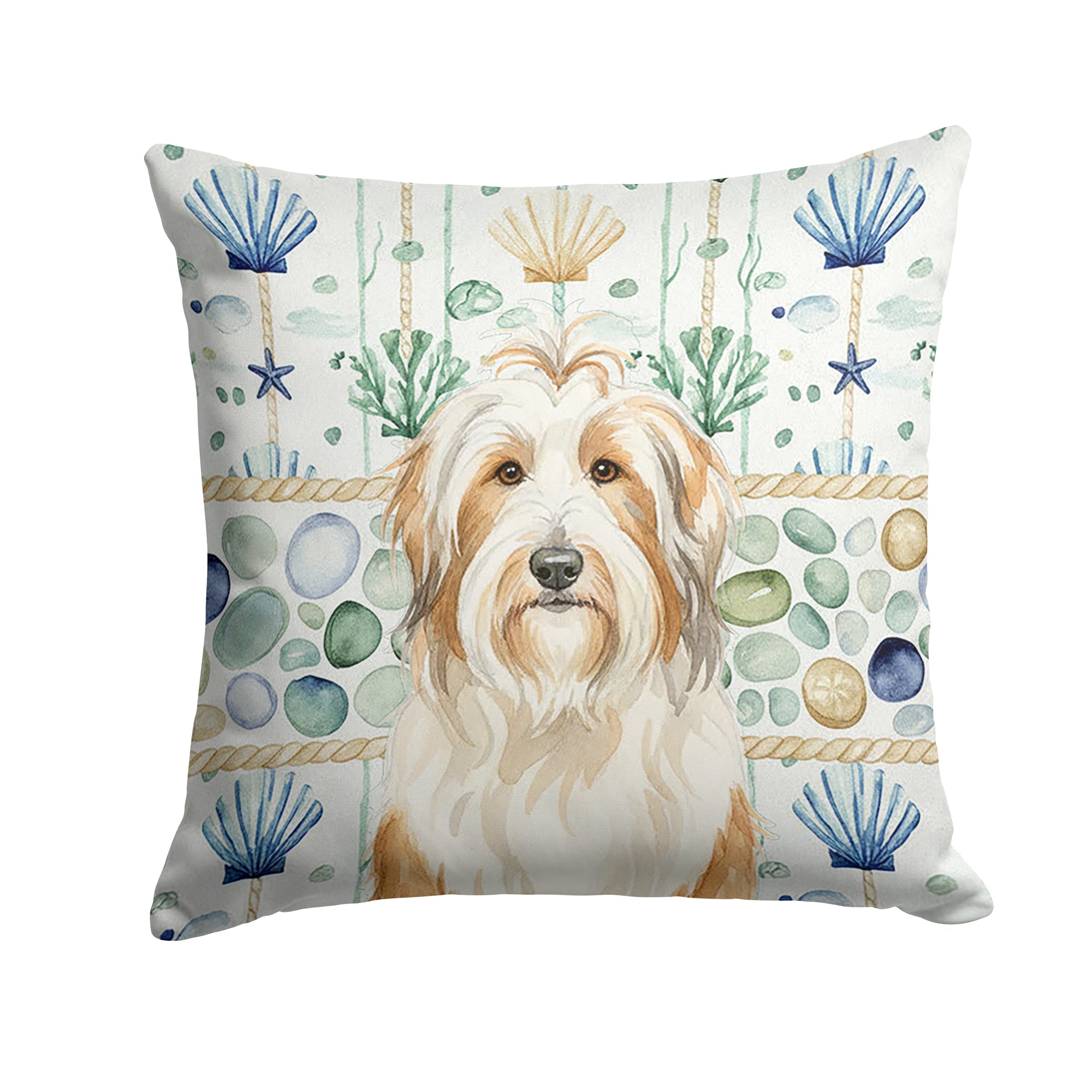 White and Tan Bearded Collie Coastal Sea Glass Decorative Throw Pillow 14x14 Indoor Outdoor Accent Cushion, Fabric Cover with Insert for Sofa, Bed, Porch & Living Room