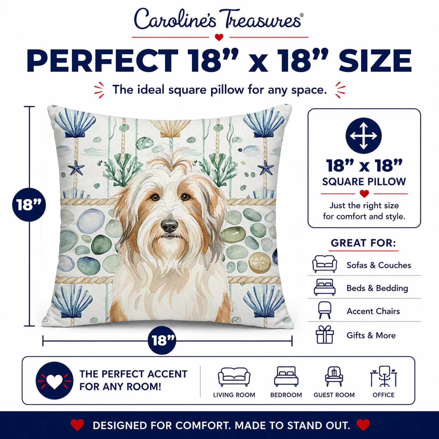 White and Tan Bearded Collie Coastal Sea Glass Decorative Throw Pillow 18x18 Indoor Outdoor Accent Cushion, Fabric Cover with Insert for Sofa, Bed, Porch & Living Room