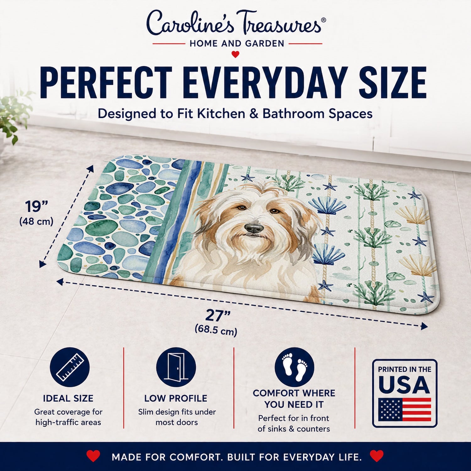 White and Tan Bearded Collie Coastal Sea Glass Memory Foam Kitchen Mat Machine Washable Anti-Fatigue Cushion Comfort Bath or Kitchen Rug
