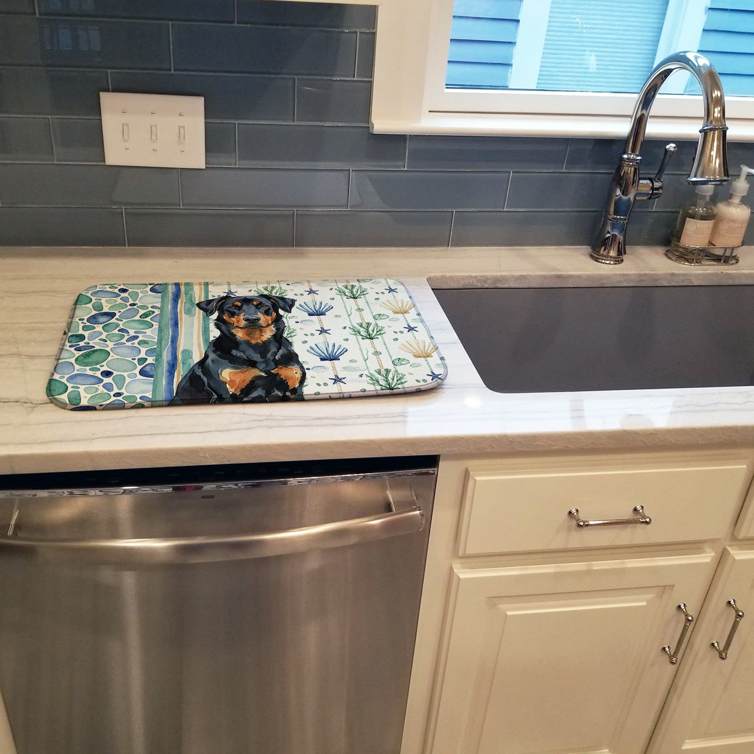 Beauceron Coastal Sea Glass Dish Drying Mat Absorbent Dish Drying Mat Pad for Kitchen Counter Dish Drainer Mat for Countertop, 14 x 21", Multicolor