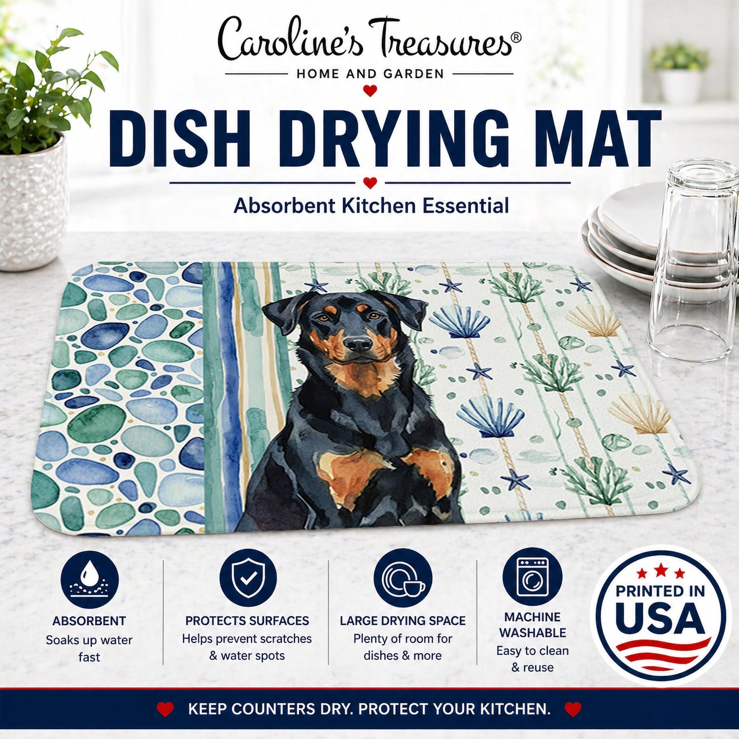 Beauceron Coastal Sea Glass Dish Drying Mat Absorbent Dish Drying Mat Pad for Kitchen Counter Dish Drainer Mat for Countertop, 14 x 21", Multicolor