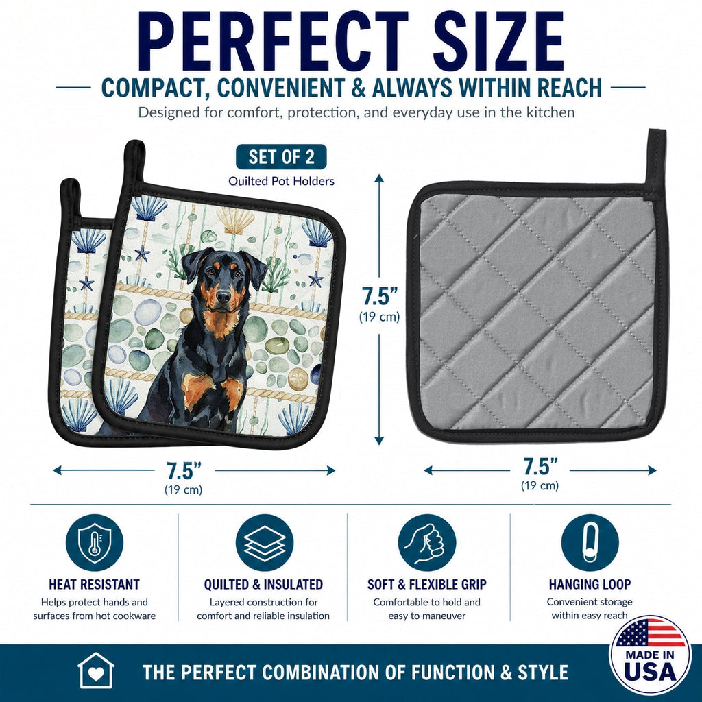 Beauceron Coastal Sea Glass Pot Holder Set of 2 Heat Resistant Quilted Hot Pads 7.5 x 7.5 Inch, Insulated Kitchen Trivets for Cooking & Baking