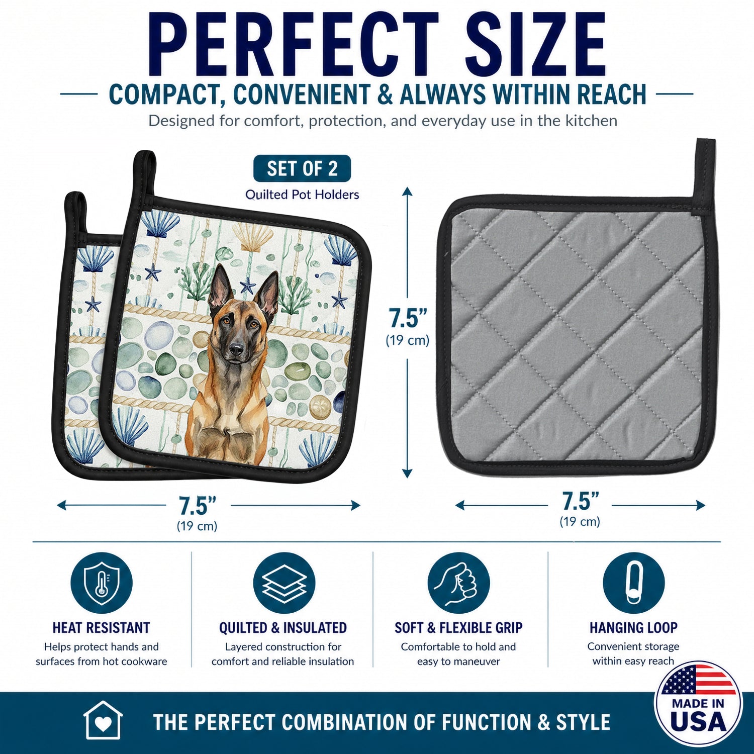 Belgian Malinois Coastal Sea Glass Pot Holder Set of 2 Heat Resistant Quilted Hot Pads 7.5 x 7.5 Inch, Insulated Kitchen Trivets for Cooking & Baking