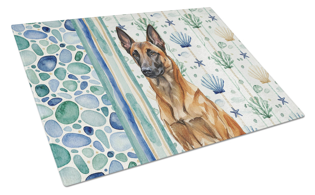 Mahogany Belgian Malinois Coastal Sea Glass Cutting Board Tempered Glass Kitchen Cutting Surface, Heat Resistant Chopping, Non-Slip Feet, Food Prep & Serving