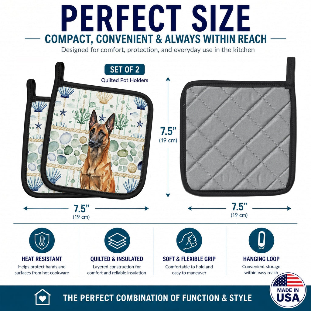 Mahogany Belgian Malinois Coastal Sea Glass Pot Holder Set of 2 Heat Resistant Quilted Hot Pads 7.5 x 7.5 Inch, Insulated Kitchen Trivets for Cooking & Baking