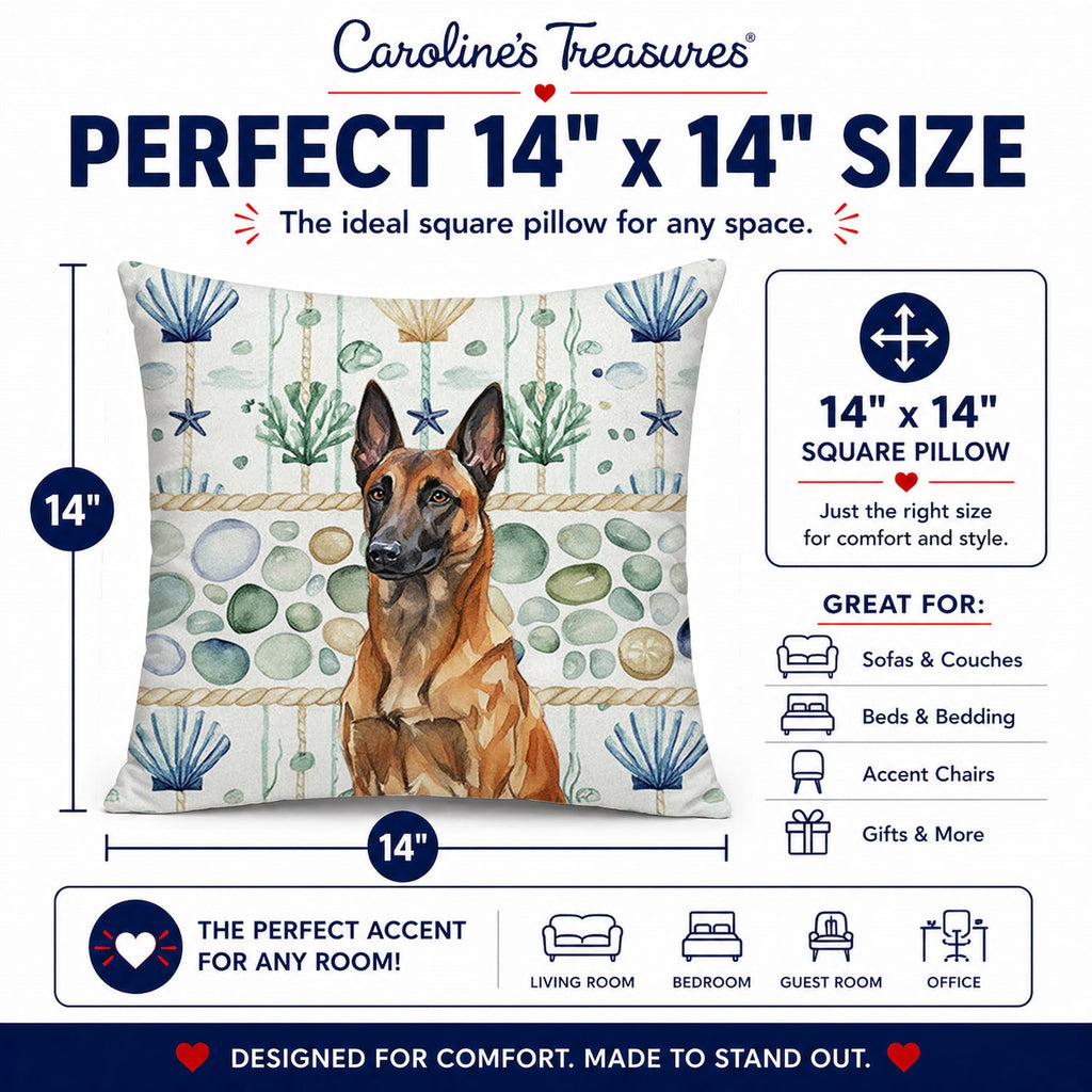 Mahogany Belgian Malinois Coastal Sea Glass Decorative Throw Pillow 14x14 Indoor Outdoor Accent Cushion, Fabric Cover with Insert for Sofa, Bed, Porch & Living Room