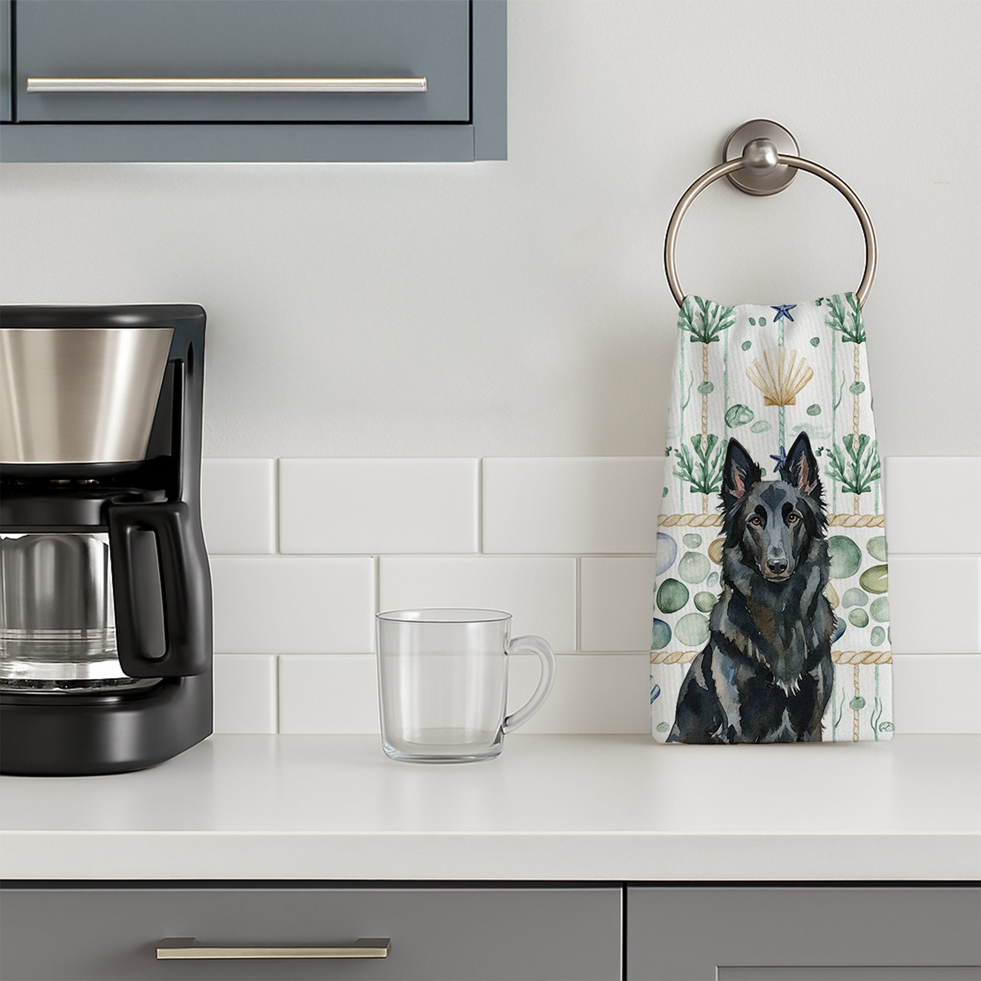 Belgian Sheepdog Groenendael Coastal Sea Glass Kitchen Towel Velour Plush Front and Cotton Loop Back Machine Washable