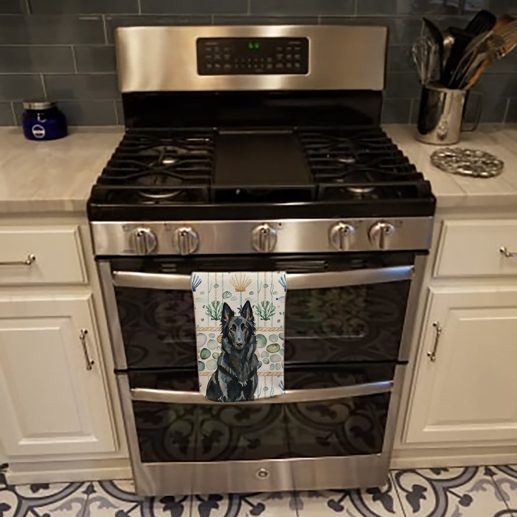 Belgian Sheepdog Groenendael Coastal Sea Glass Kitchen Towel Velour Plush Front and Cotton Loop Back Machine Washable