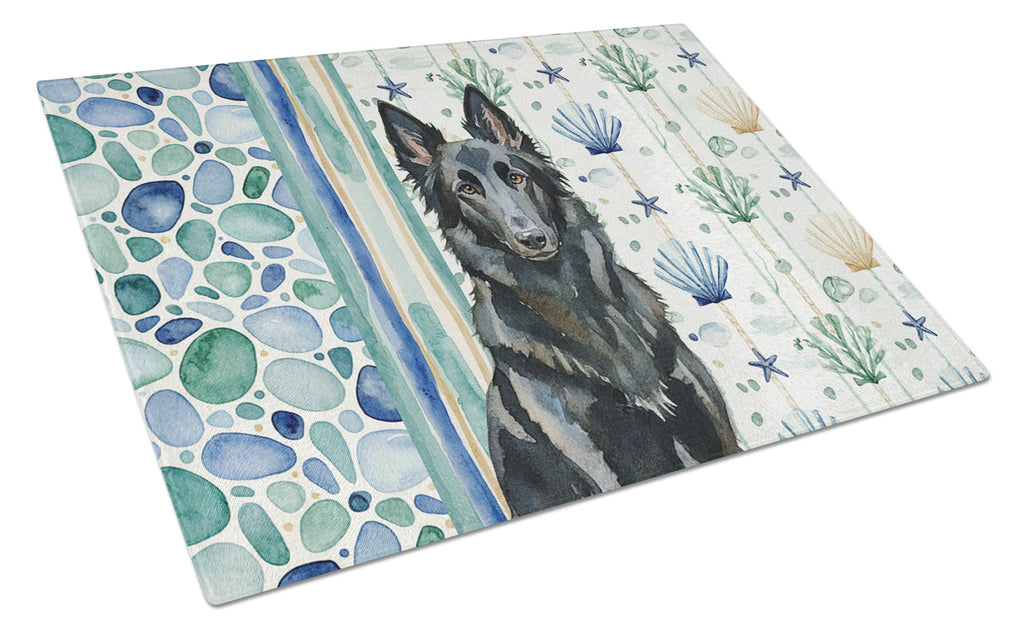 Belgian Sheepdog Groenendael Coastal Sea Glass Cutting Board Tempered Glass Kitchen Cutting Surface, Heat Resistant Chopping, Non-Slip Feet, Food Prep & Serving