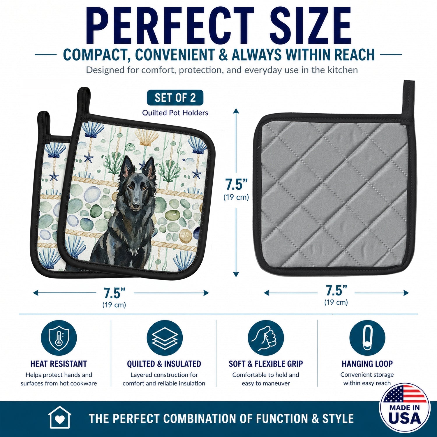 Belgian Sheepdog Groenendael Coastal Sea Glass Pot Holder Set of 2 Heat Resistant Quilted Hot Pads 7.5 x 7.5 Inch, Insulated Kitchen Trivets for Cooking & Baking
