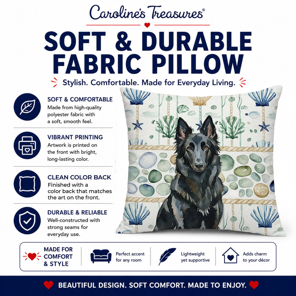 Belgian Sheepdog Groenendael Coastal Sea Glass Decorative Throw Pillow 14x14 Indoor Outdoor Accent Cushion, Fabric Cover with Insert for Sofa, Bed, Porch & Living Room