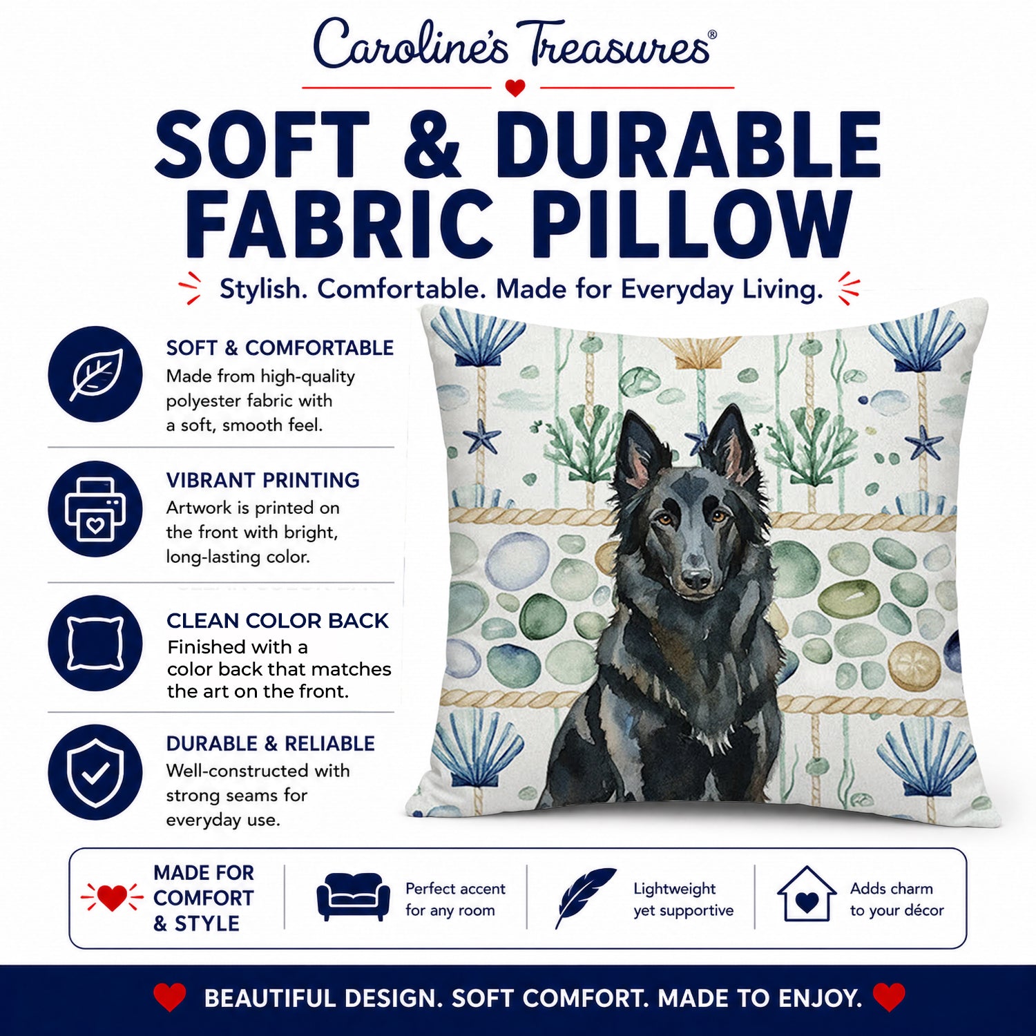 Belgian Sheepdog Groenendael Coastal Sea Glass Decorative Throw Pillow 14x14 Indoor Outdoor Accent Cushion, Fabric Cover with Insert for Sofa, Bed, Porch & Living Room