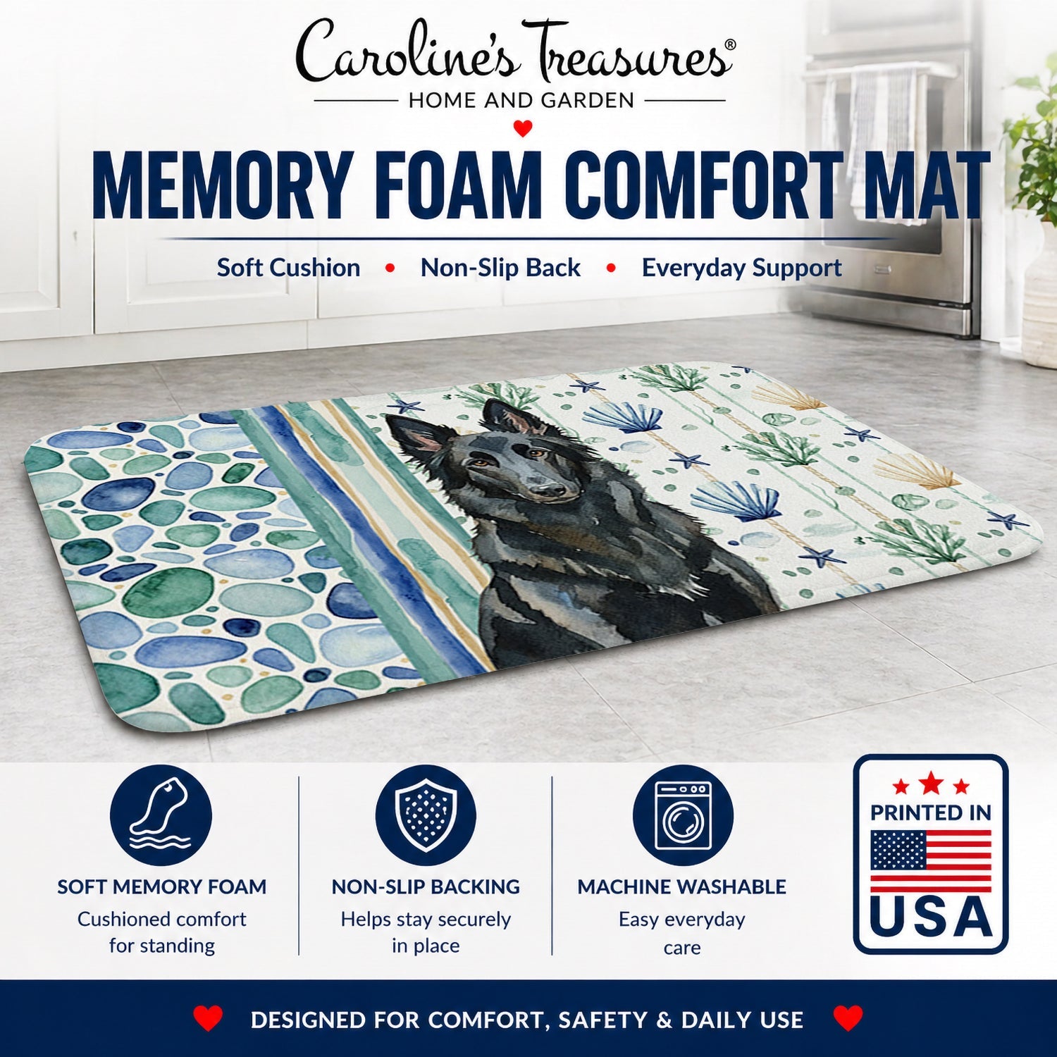 Belgian Sheepdog Groenendael Coastal Sea Glass Memory Foam Kitchen Mat Machine Washable Anti-Fatigue Cushion Comfort Bath or Kitchen Rug