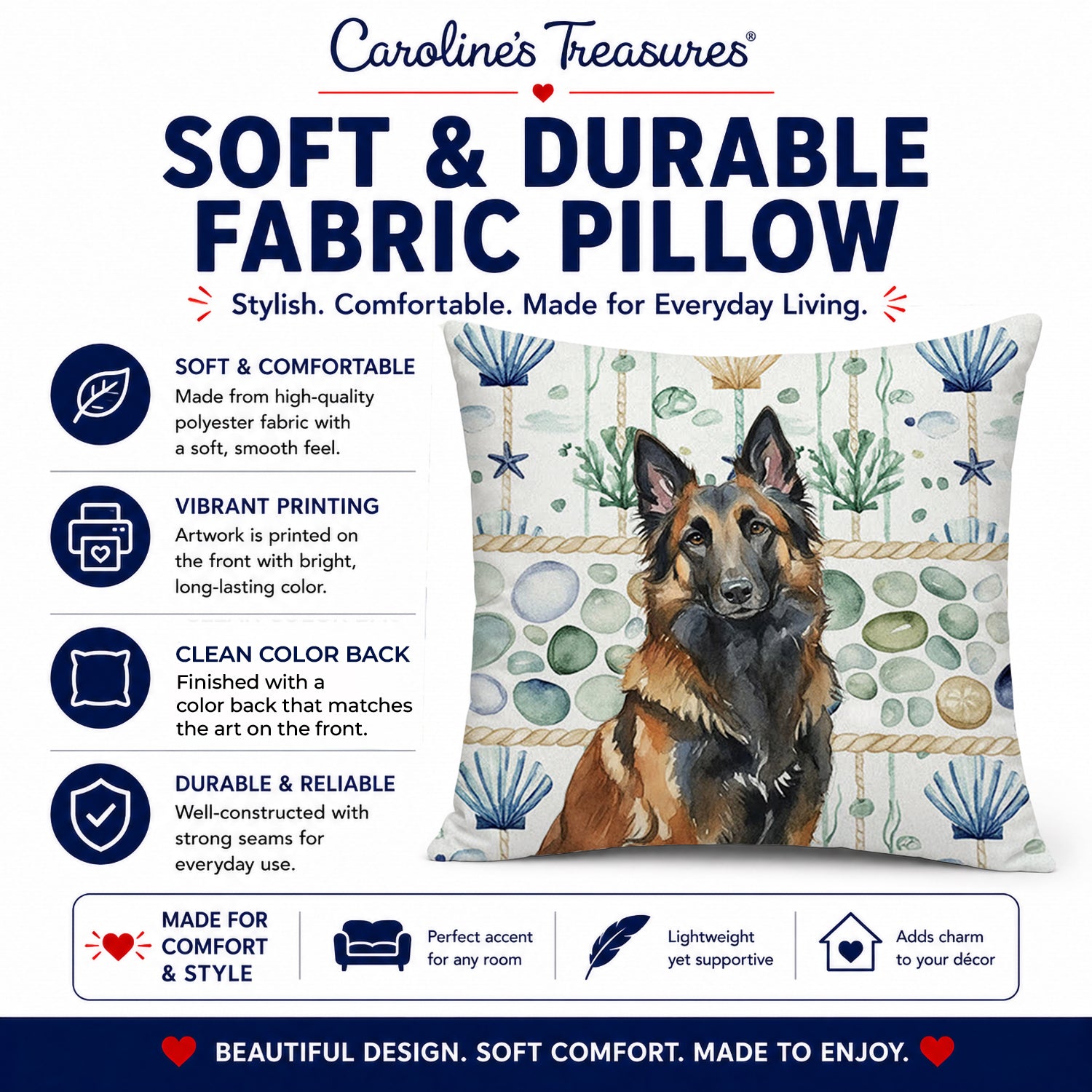 Belgian Tervuren Coastal Sea Glass Decorative Throw Pillow 18x18 Indoor Outdoor Accent Cushion, Fabric Cover with Insert for Sofa, Bed, Porch & Living Room