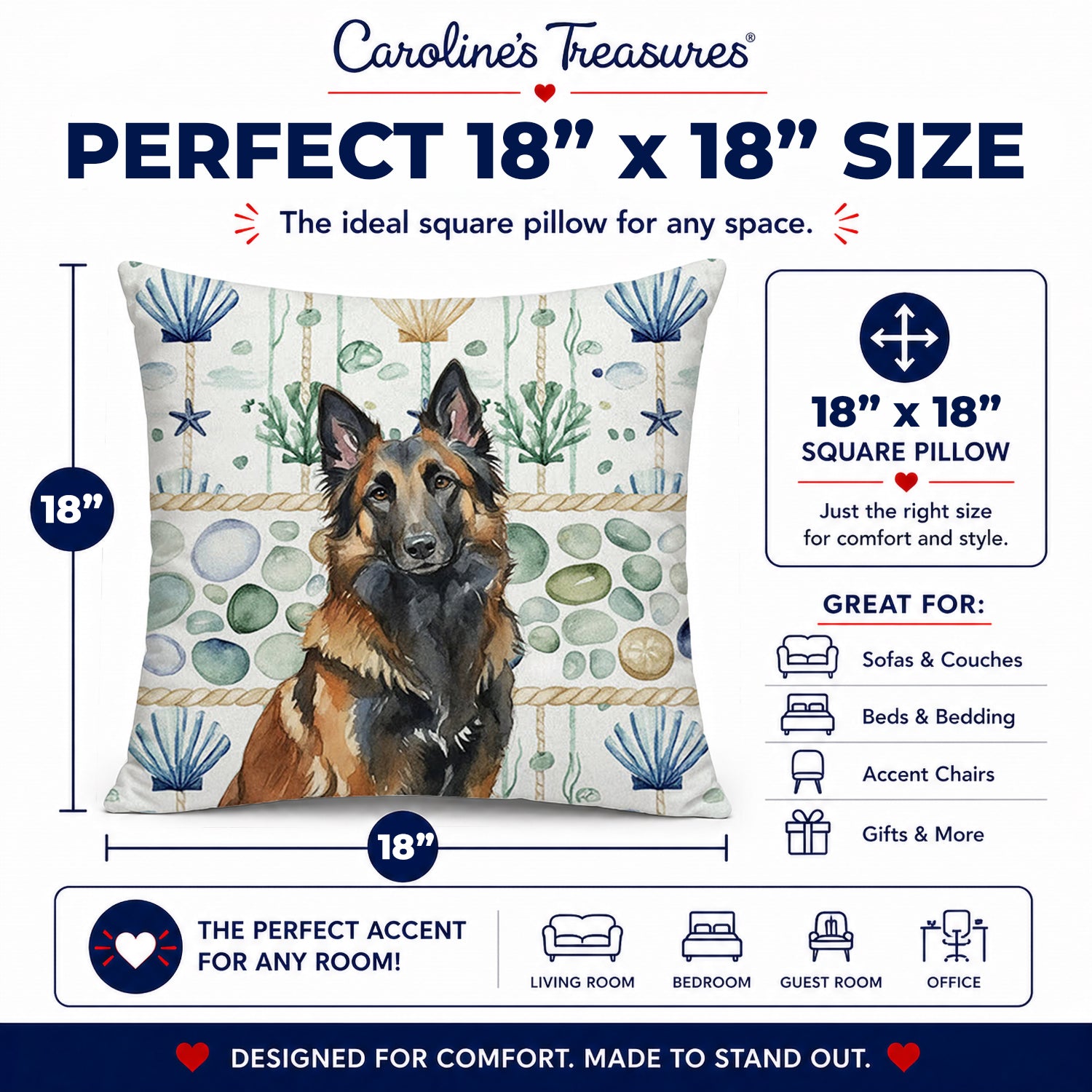 Belgian Tervuren Coastal Sea Glass Decorative Throw Pillow 18x18 Indoor Outdoor Accent Cushion, Fabric Cover with Insert for Sofa, Bed, Porch & Living Room