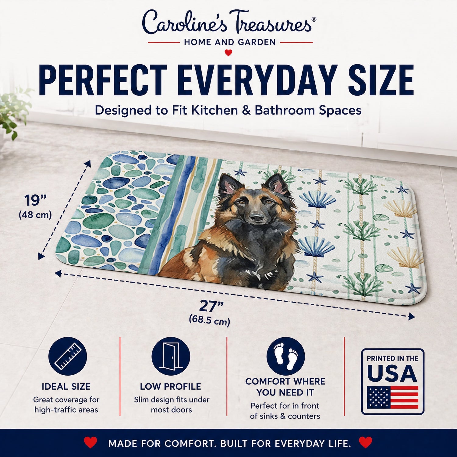 Belgian Tervuren Coastal Sea Glass Memory Foam Kitchen Mat Machine Washable Anti-Fatigue Cushion Comfort Bath or Kitchen Rug
