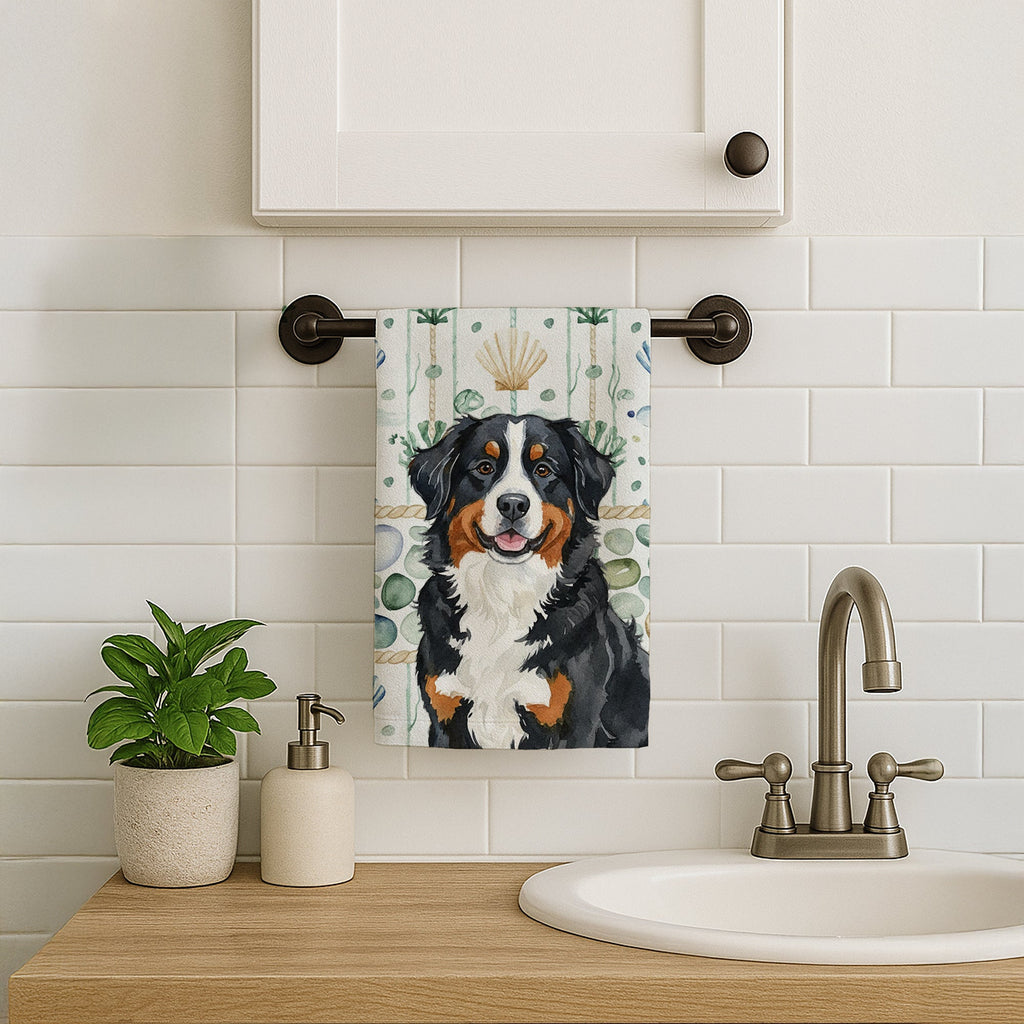 Bernese Mountain Dog Coastal Sea Glass Kitchen Towel Velour Plush Front and Cotton Loop Back Machine Washable