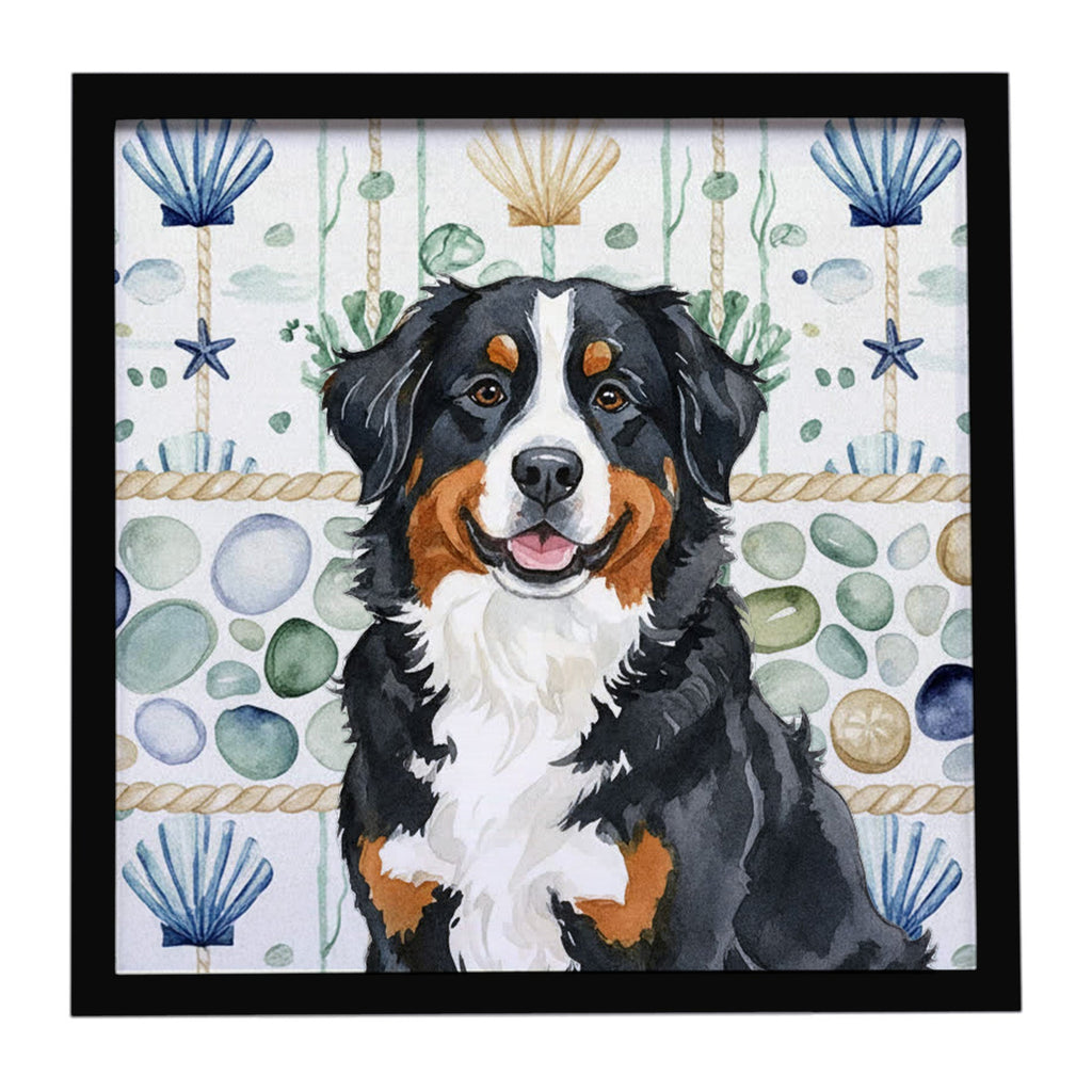 Bernese Mountain Dog Coastal Sea Glass Framed Metal Print Bathroom, Kitchen, Office, Home Decor Wall Art Ready to Hang, Square, 8X8