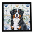 Bernese Mountain Dog Coastal Sea Glass Framed Metal Print Bathroom, Kitchen, Office, Home Decor Wall Art Ready to Hang, Square, 8X8