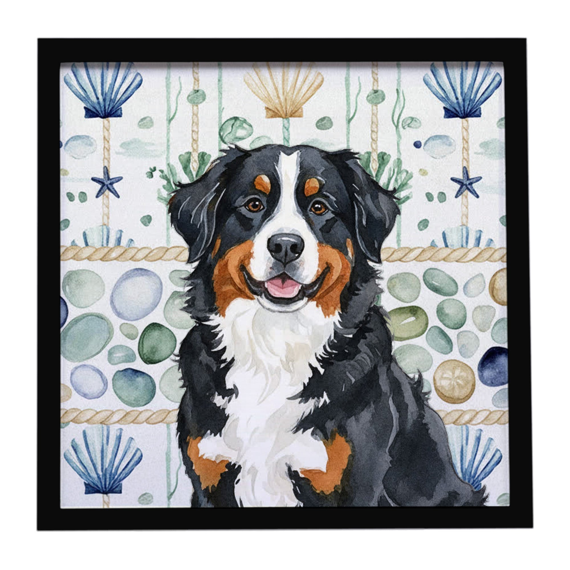 Bernese Mountain Dog Coastal Sea Glass Framed Metal Print Bathroom, Kitchen, Office, Home Decor Wall Art Ready to Hang, Square, 8X8