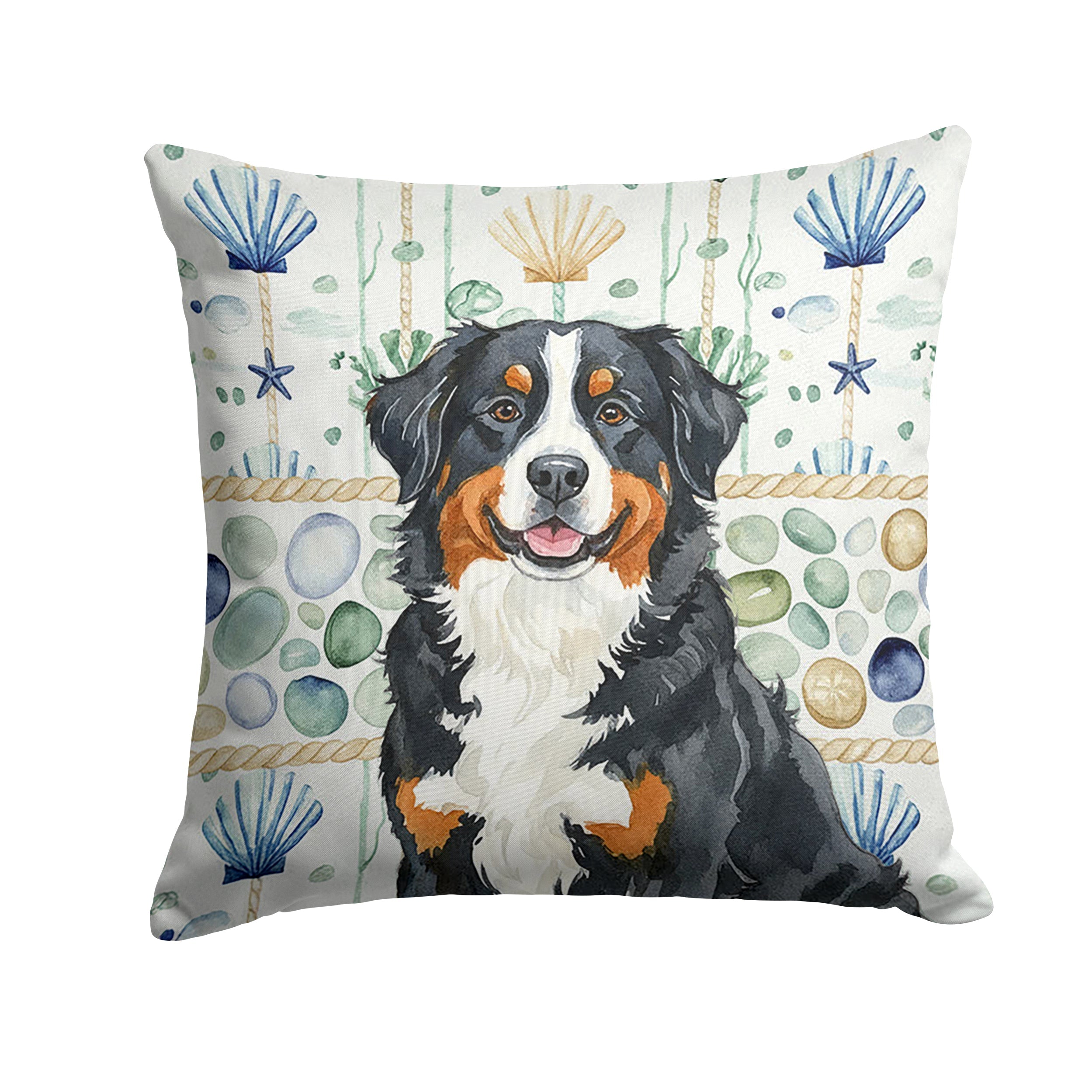 Bernese Mountain Dog Coastal Sea Glass Decorative Throw Pillow 14x14 Indoor Outdoor Accent Cushion, Fabric Cover with Insert for Sofa, Bed, Porch & Living Room