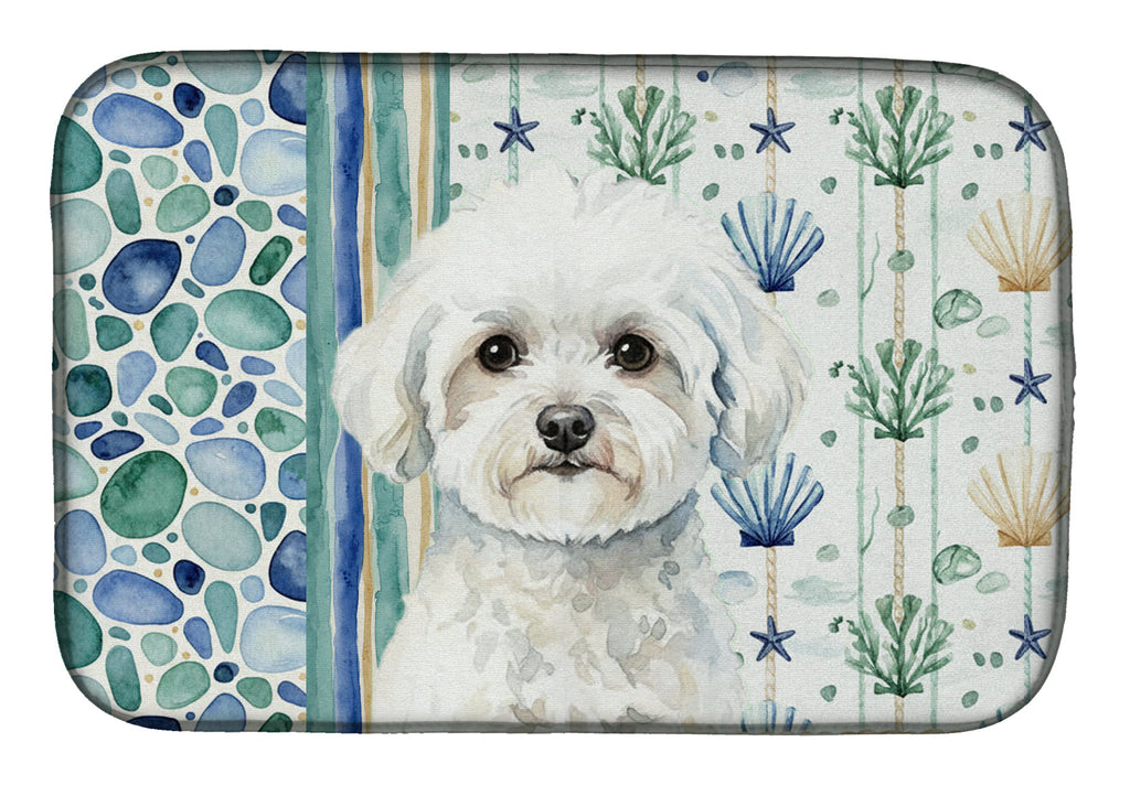 Bichon Frise Coastal Sea Glass Dish Drying Mat Absorbent Dish Drying Mat Pad for Kitchen Counter Dish Drainer Mat for Countertop, 14 x 21", Multicolor
