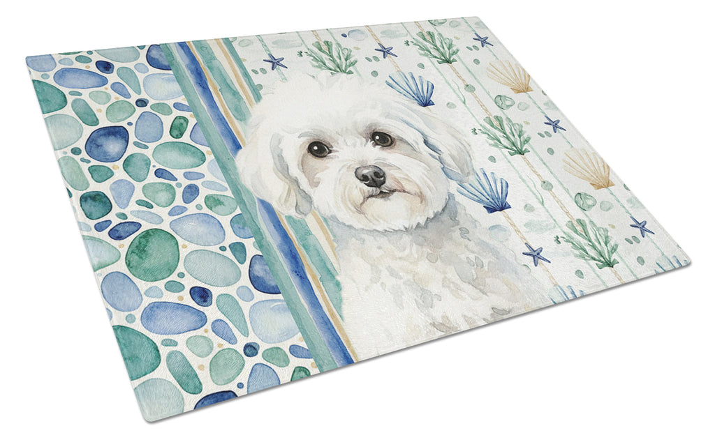 Bichon Frise Coastal Sea Glass Cutting Board Tempered Glass Kitchen Cutting Surface, Heat Resistant Chopping, Non-Slip Feet, Food Prep & Serving
