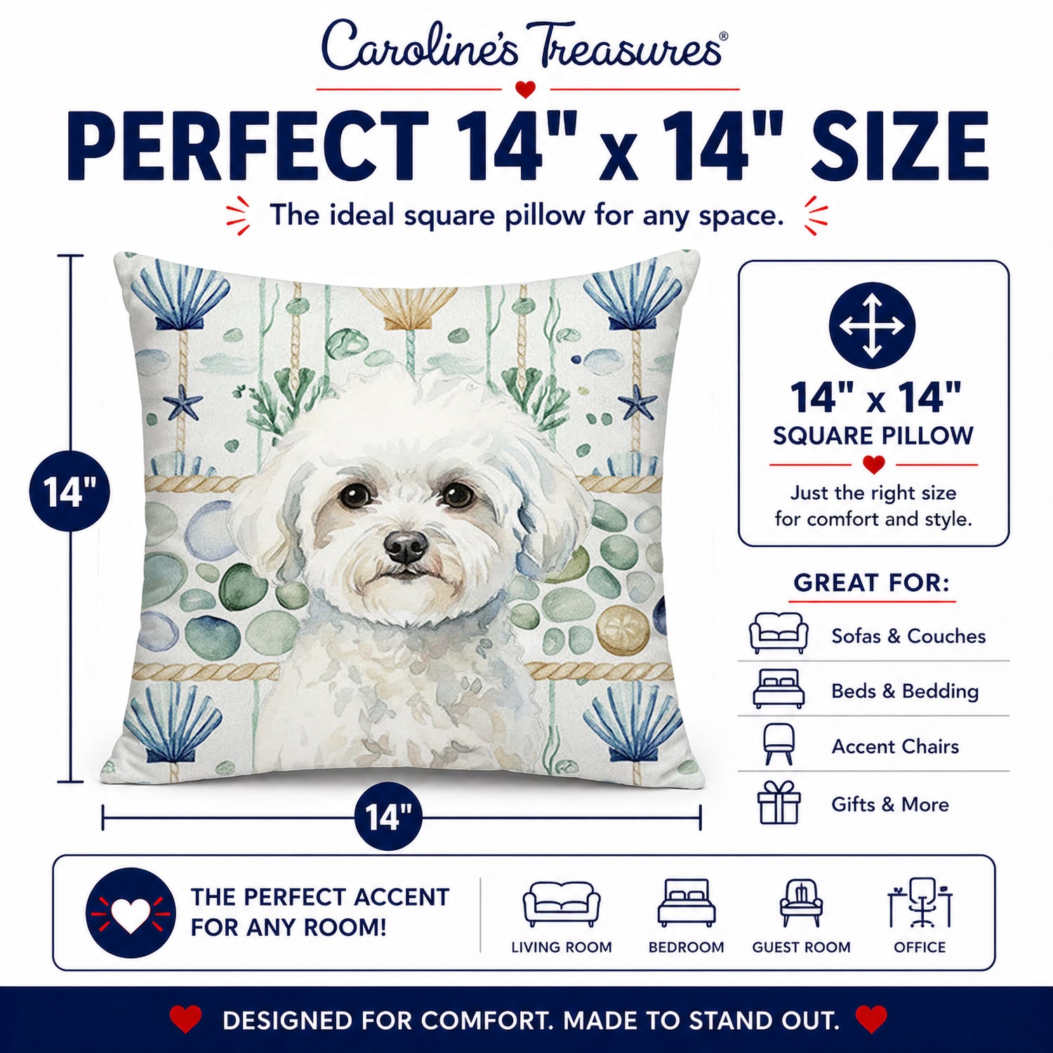 Bichon Frise Coastal Sea Glass Decorative Throw Pillow 14x14 Indoor Outdoor Accent Cushion, Fabric Cover with Insert for Sofa, Bed, Porch & Living Room