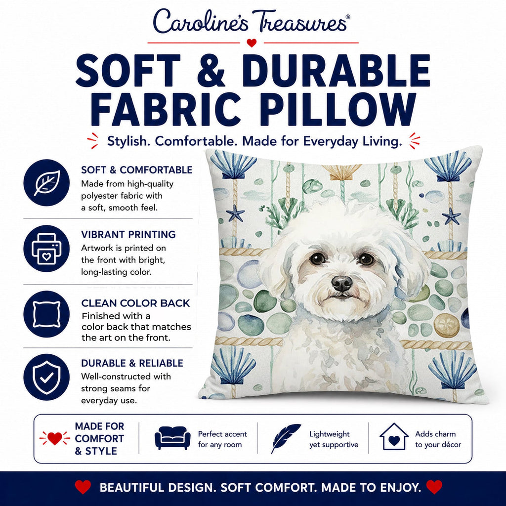 Bichon Frise Coastal Sea Glass Decorative Throw Pillow 18x18 Indoor Outdoor Accent Cushion, Fabric Cover with Insert for Sofa, Bed, Porch & Living Room