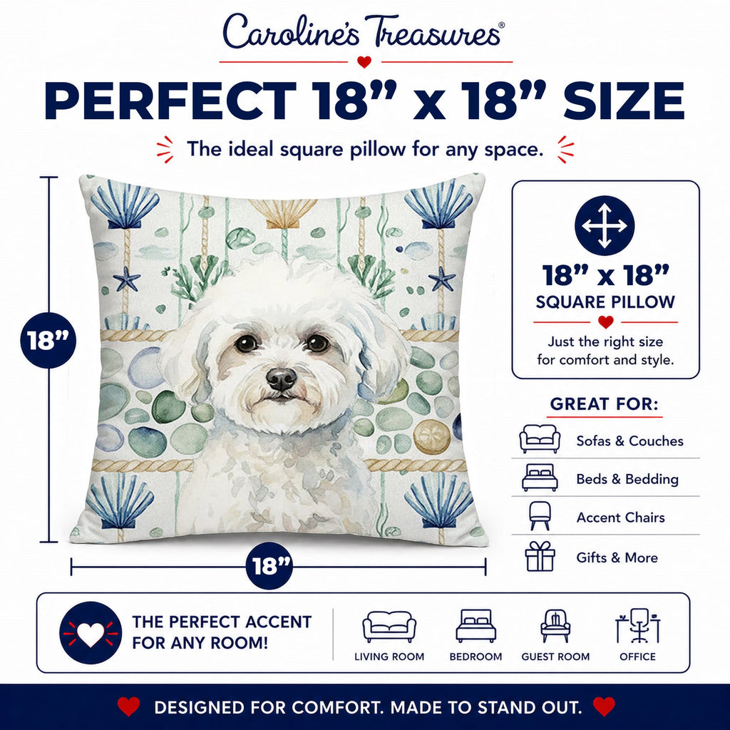 Bichon Frise Coastal Sea Glass Decorative Throw Pillow 18x18 Indoor Outdoor Accent Cushion, Fabric Cover with Insert for Sofa, Bed, Porch & Living Room