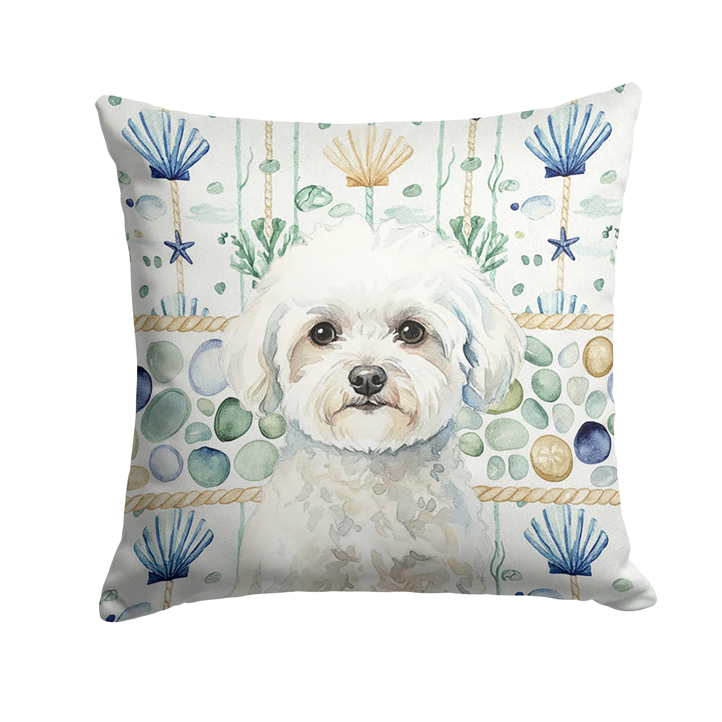 Bichon Frise Coastal Sea Glass Decorative Throw Pillow 18x18 Indoor Outdoor Accent Cushion, Fabric Cover with Insert for Sofa, Bed, Porch & Living Room