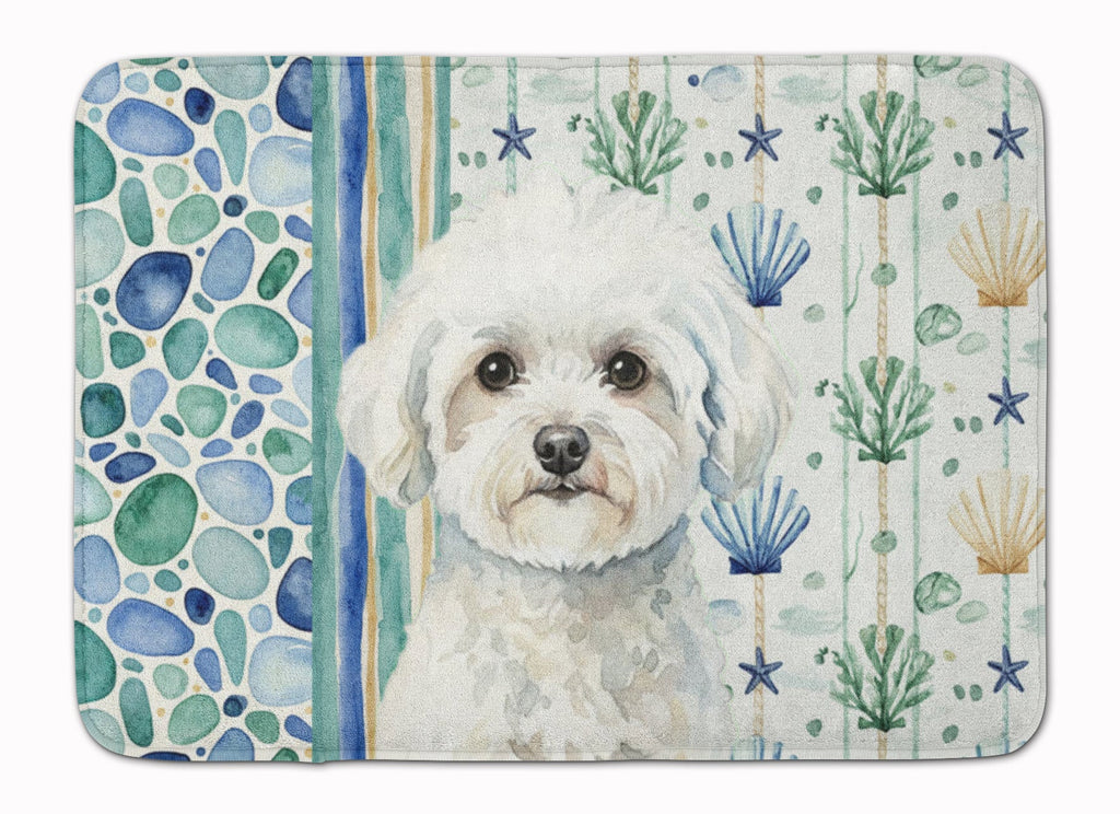 Bichon Frise Coastal Sea Glass Memory Foam Kitchen Mat Machine Washable Anti-Fatigue Cushion Comfort Bath or Kitchen Rug